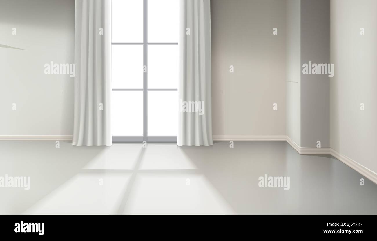 3d arrière-plan vectoriel réaliste. Salle de séjour vide intérieur. Fenêtre avec de longs rideaux. Lumière du soleil dans la pièce. Illustration de Vecteur