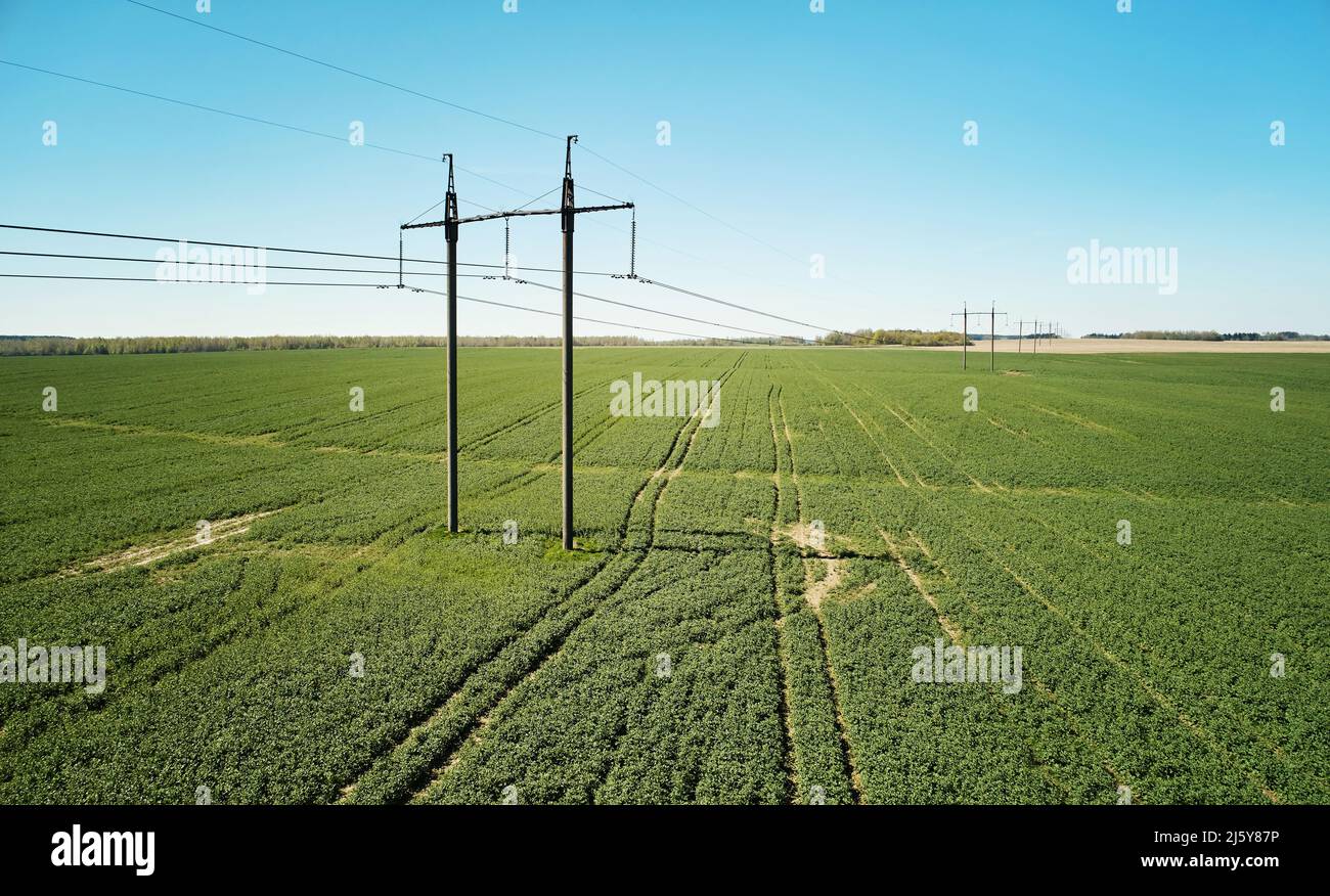 Pylône de ligne électrique sur terrain vert vue de drone aérienne Banque D'Images