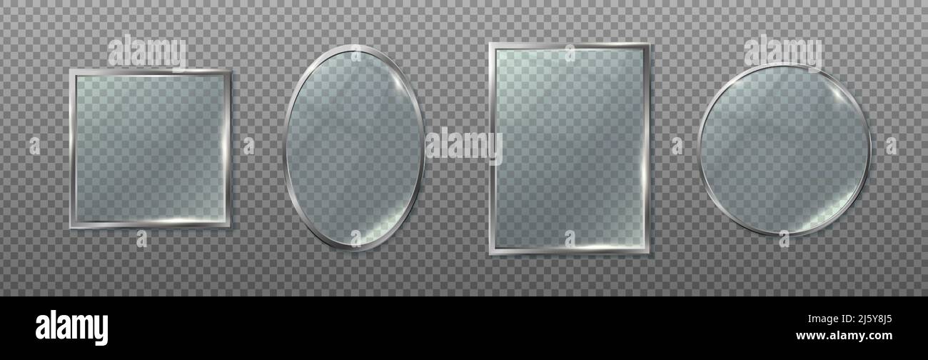 3d ensemble d'icônes vectorielles réalistes. Collection de cadres transparents en miroirs argentés de forme carrée, ovale, rectangulaire et ronde. Illustration de Vecteur