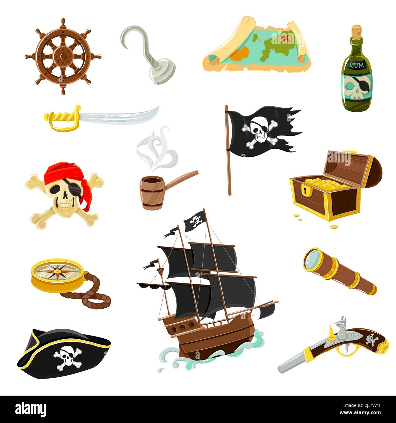Collection d'icônes plates d'accessoires de pirate avec coffre en bois et illustration vectorielle abstraite drapeau roger noir Illustration de Vecteur