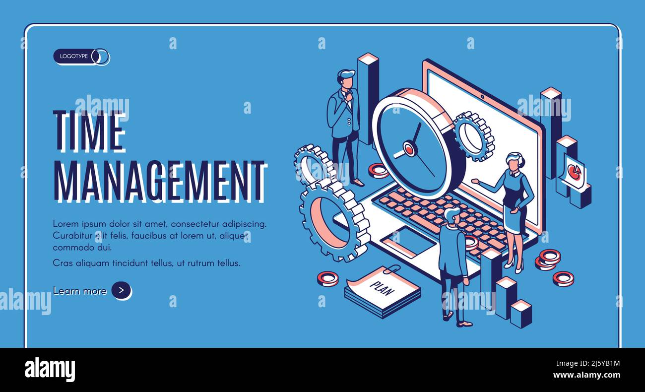 Page de renvoi gestion du temps. Ordinateur portable avec montres et matériel de bureau, hiérarchisation des tâches, organisation pour une productivité efficace. Planification de l'optimisation Illustration de Vecteur