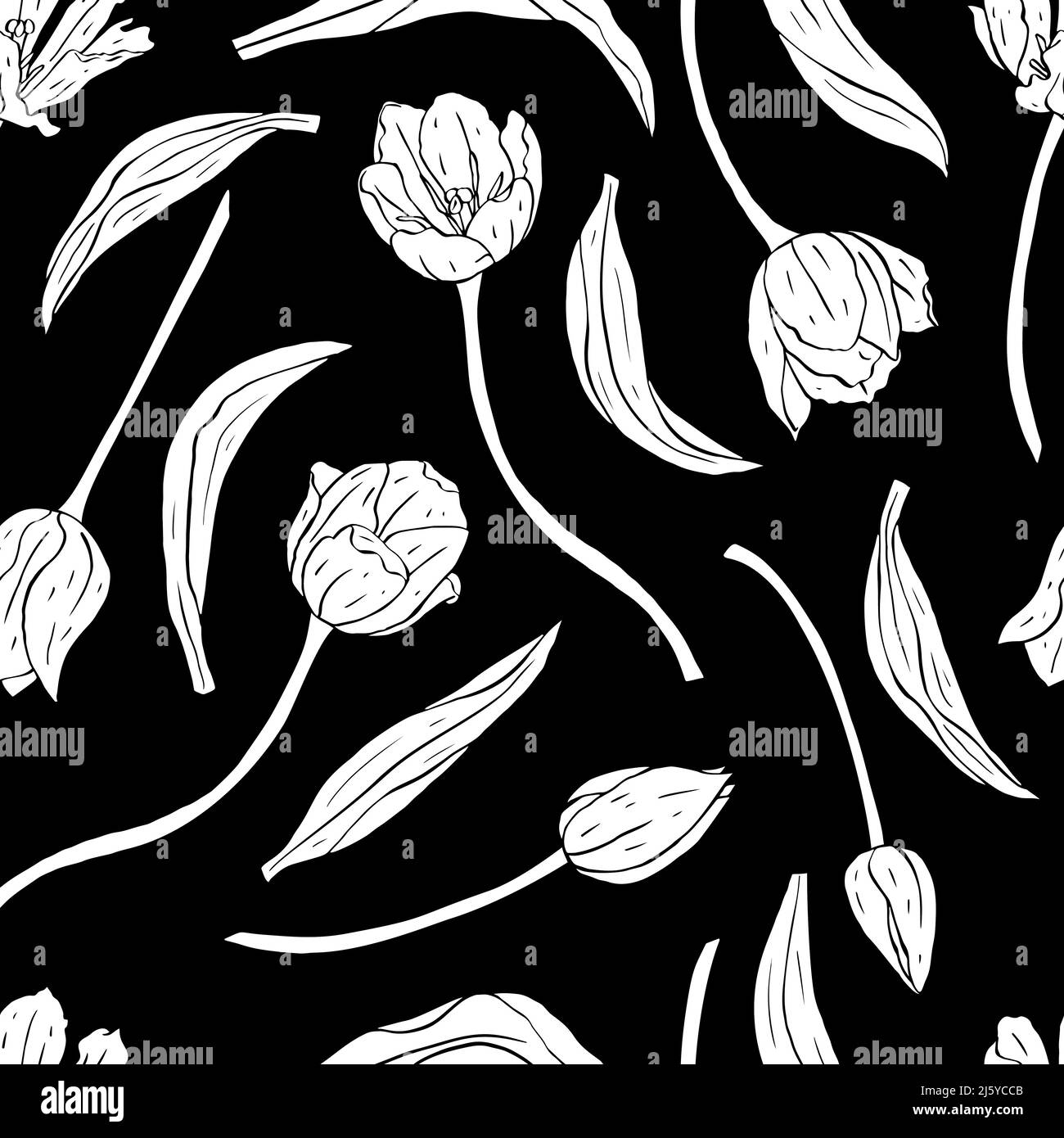 Motif monochrome vintage sans couture avec tulipes fleurs silhouettes blanches sur noir Illustration de Vecteur