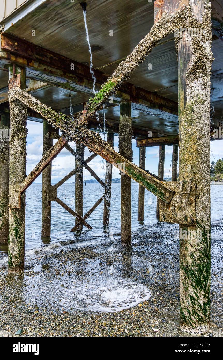 L'excès d'eau coule sous la jetée de Redondo Beach, Washington. Banque D'Images