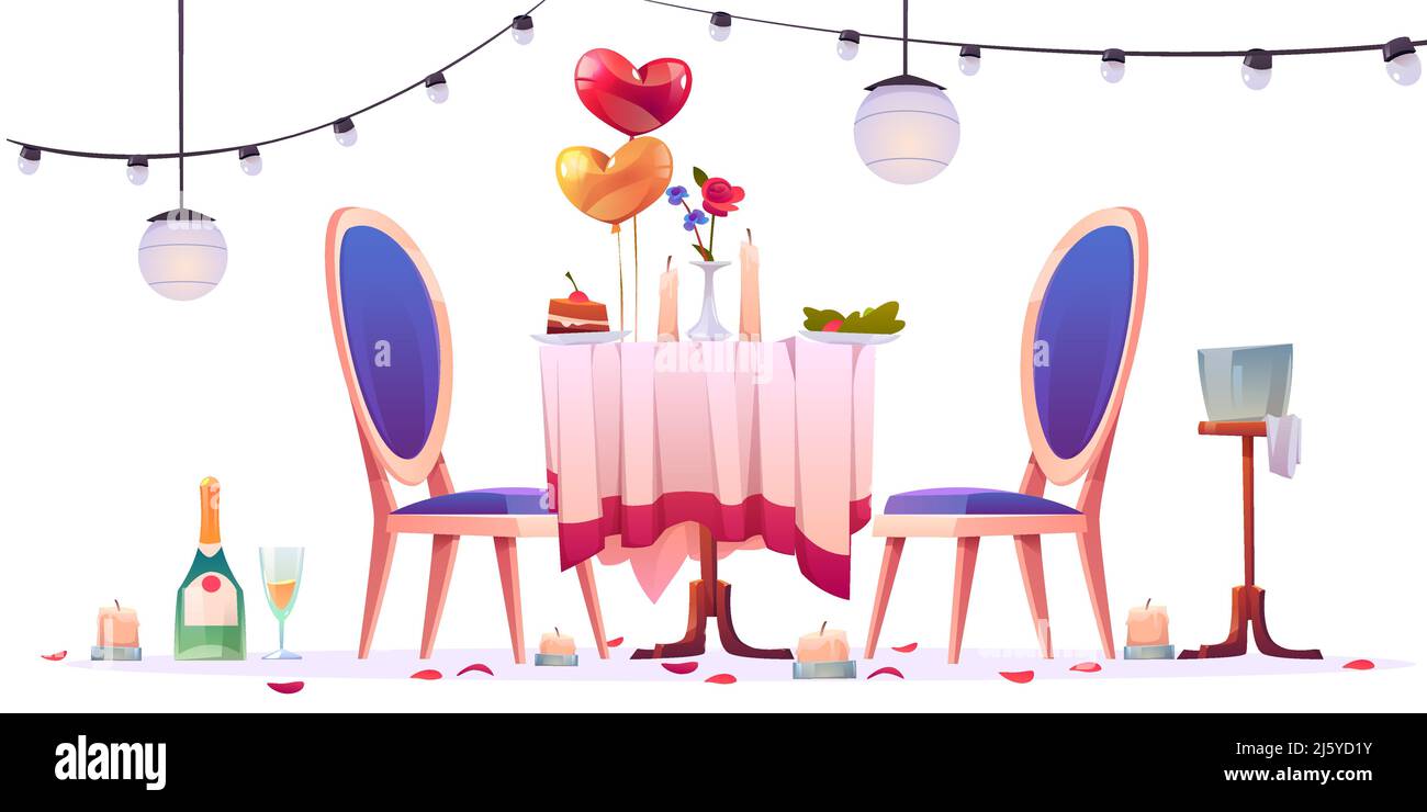 Table de restaurant après une rencontre romantique isolée sur fond blanc. Champagne inachevé en verres, bougies éteintes, ballons en forme de coeur, ros Illustration de Vecteur