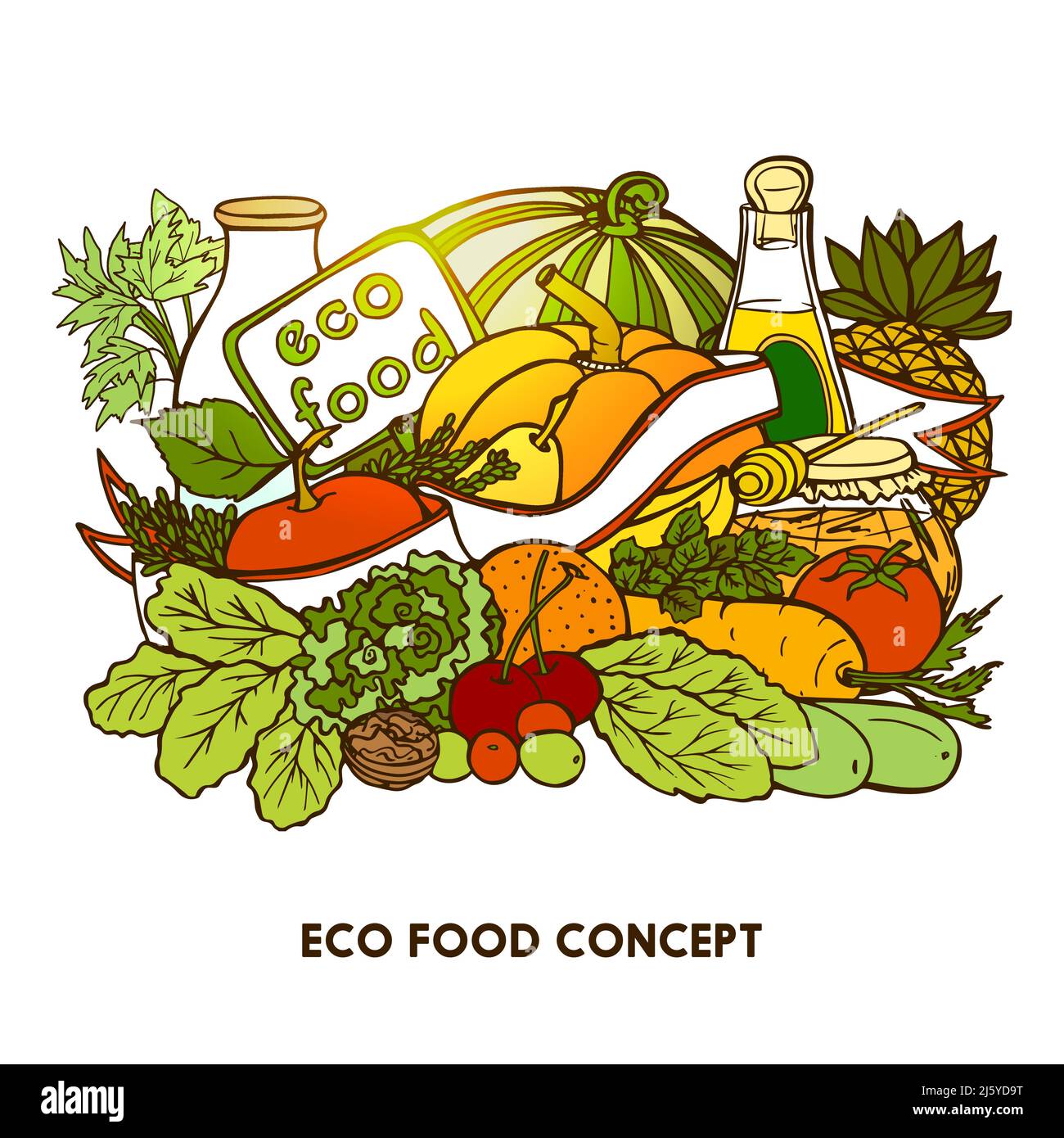 Concept éco-alimentaire dessiné à la main avec légumes colorés fruits lait illustration vectorielle des bouteilles d'huile végétale et Illustration de Vecteur