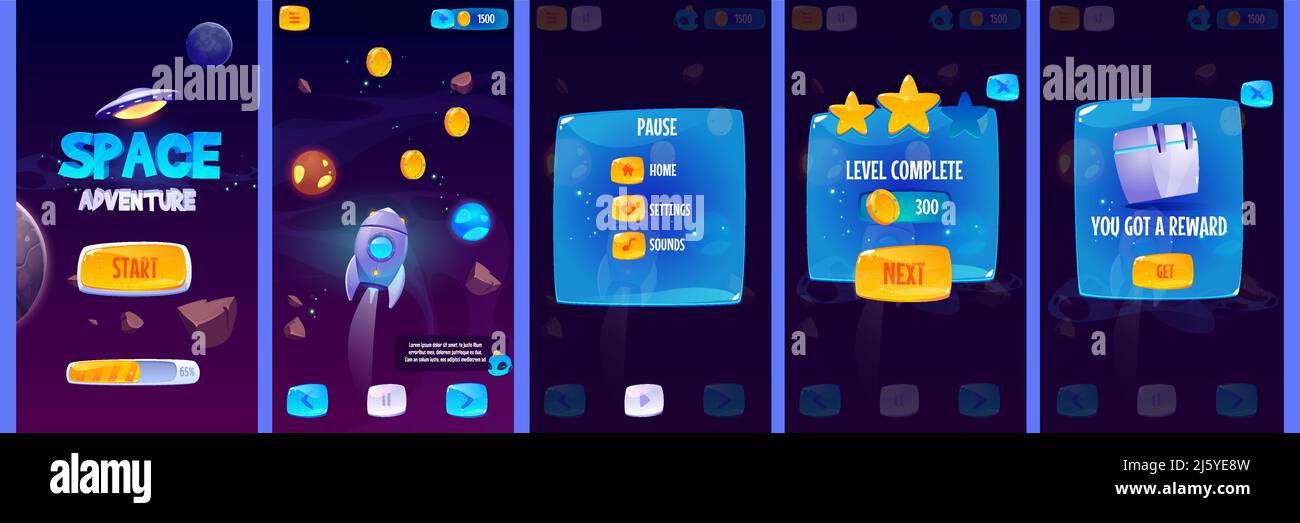 Interface utilisateur graphique pour le jeu d'aventure spatiale. Ensemble vectoriel d'écrans d'application gui avec boutons de menu et icônes brillants, panneau avec pause et récompense, démarrer Illustration de Vecteur