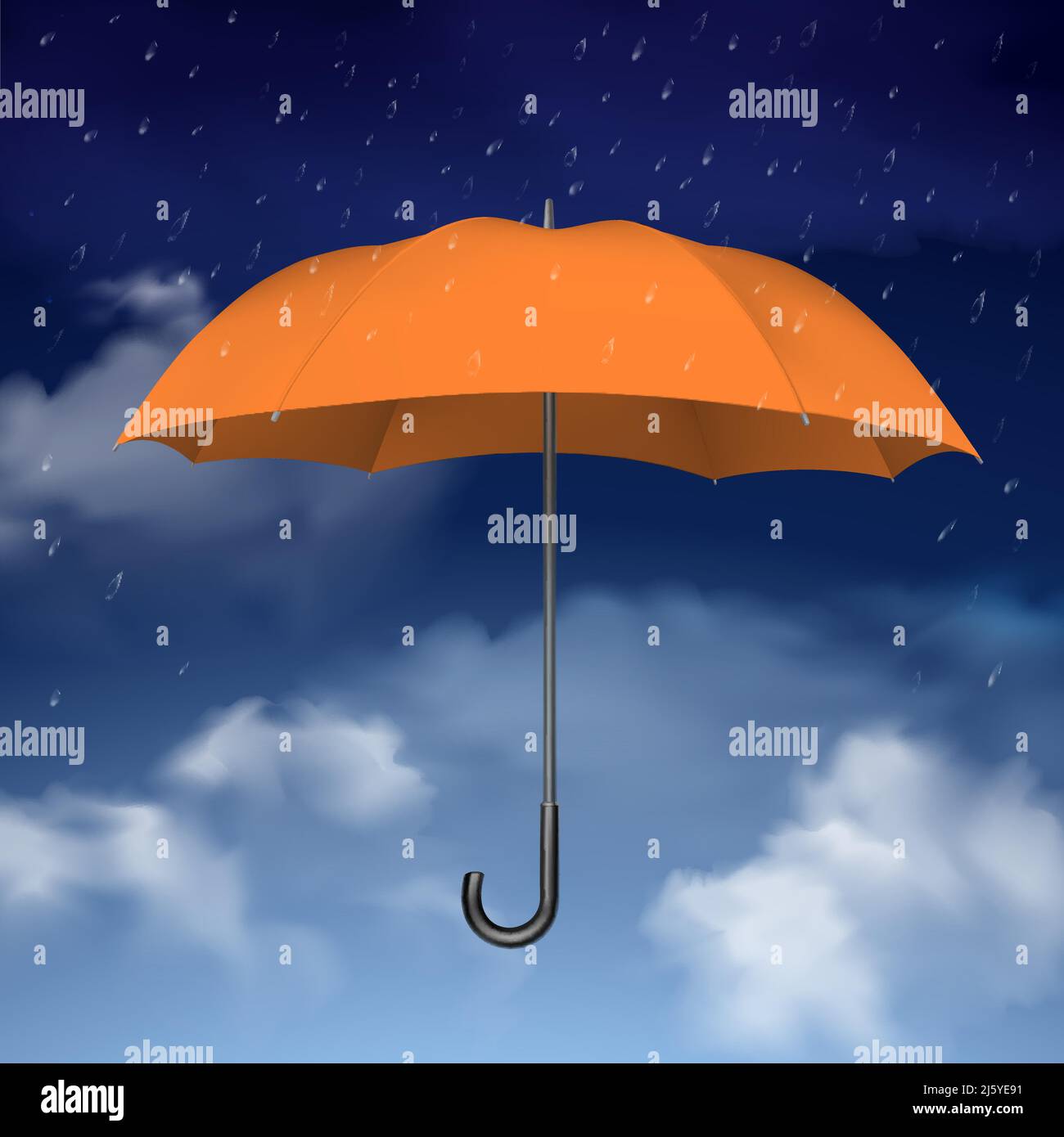 Concept coloré de parapluie orange sur fond bleu ciel avec illustrations vectorielles nuages et gouttes de pluie Illustration de Vecteur