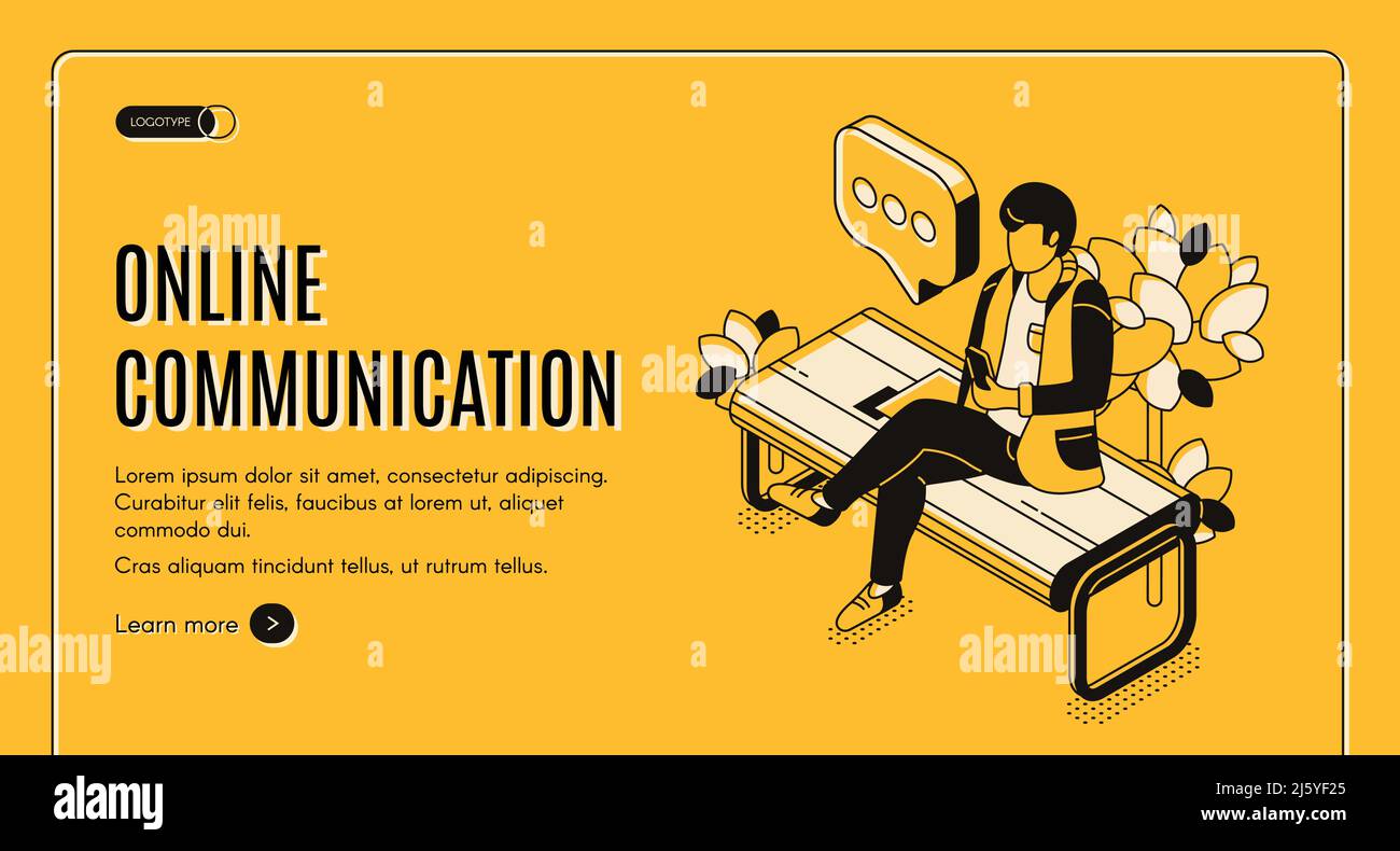 Communication en ligne page d'accueil isométrique, homme assis sur le banc dans le parc chat dans les réseaux sociaux messager, lisant les nouvelles sur le téléphone mobile. N Illustration de Vecteur