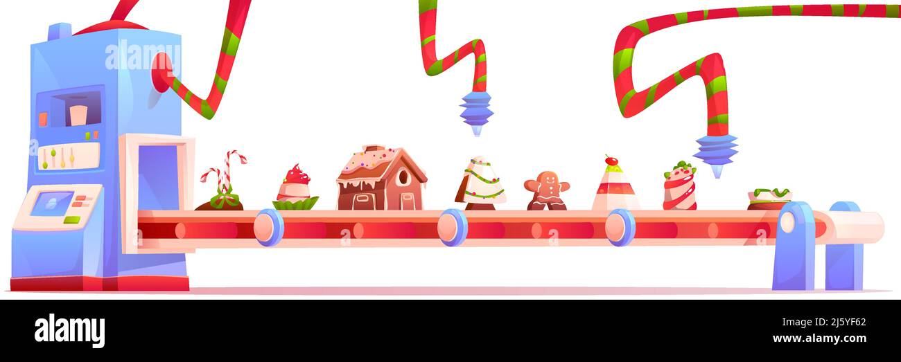 Convoyeur avec bonbons et bonbons de Noël, maison de pain d'épice, pudding, boulangerie traditionnelle de Noël, desserts et gâteaux se déplaçant sur la bande d'usine isolée sur W Illustration de Vecteur