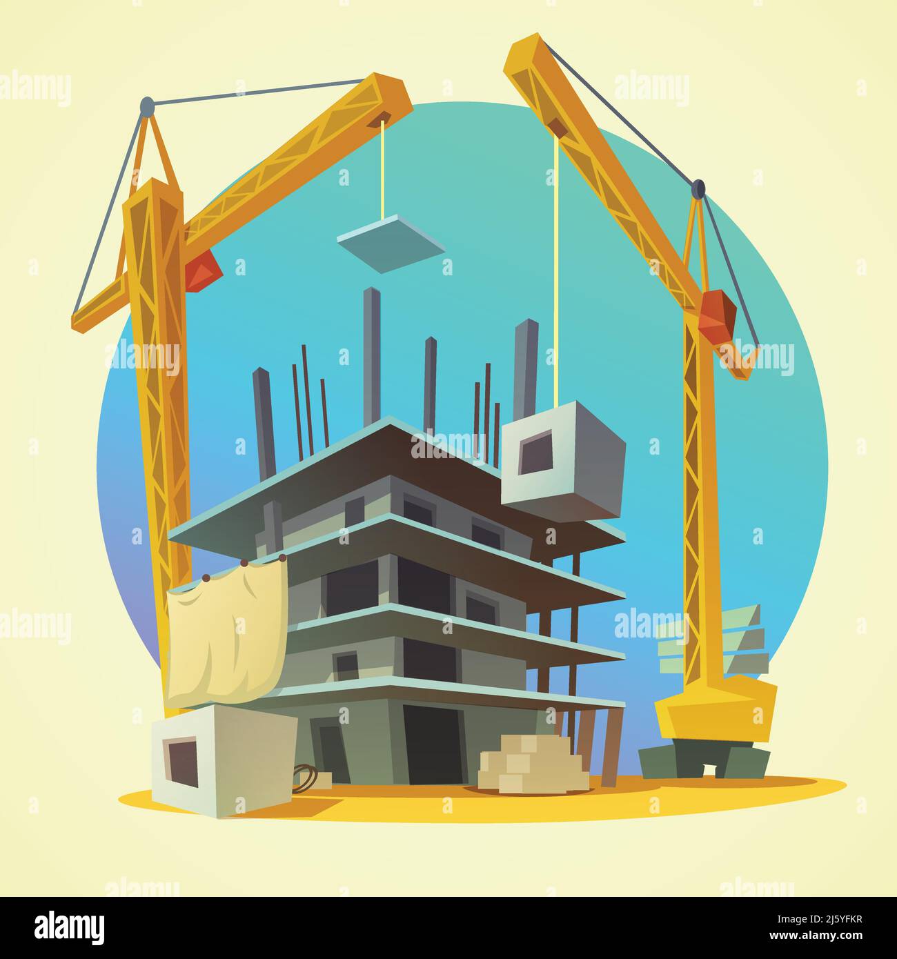 Maison de construction concept avec style rétro machine de construction dessin animé vecteur illustration Illustration de Vecteur