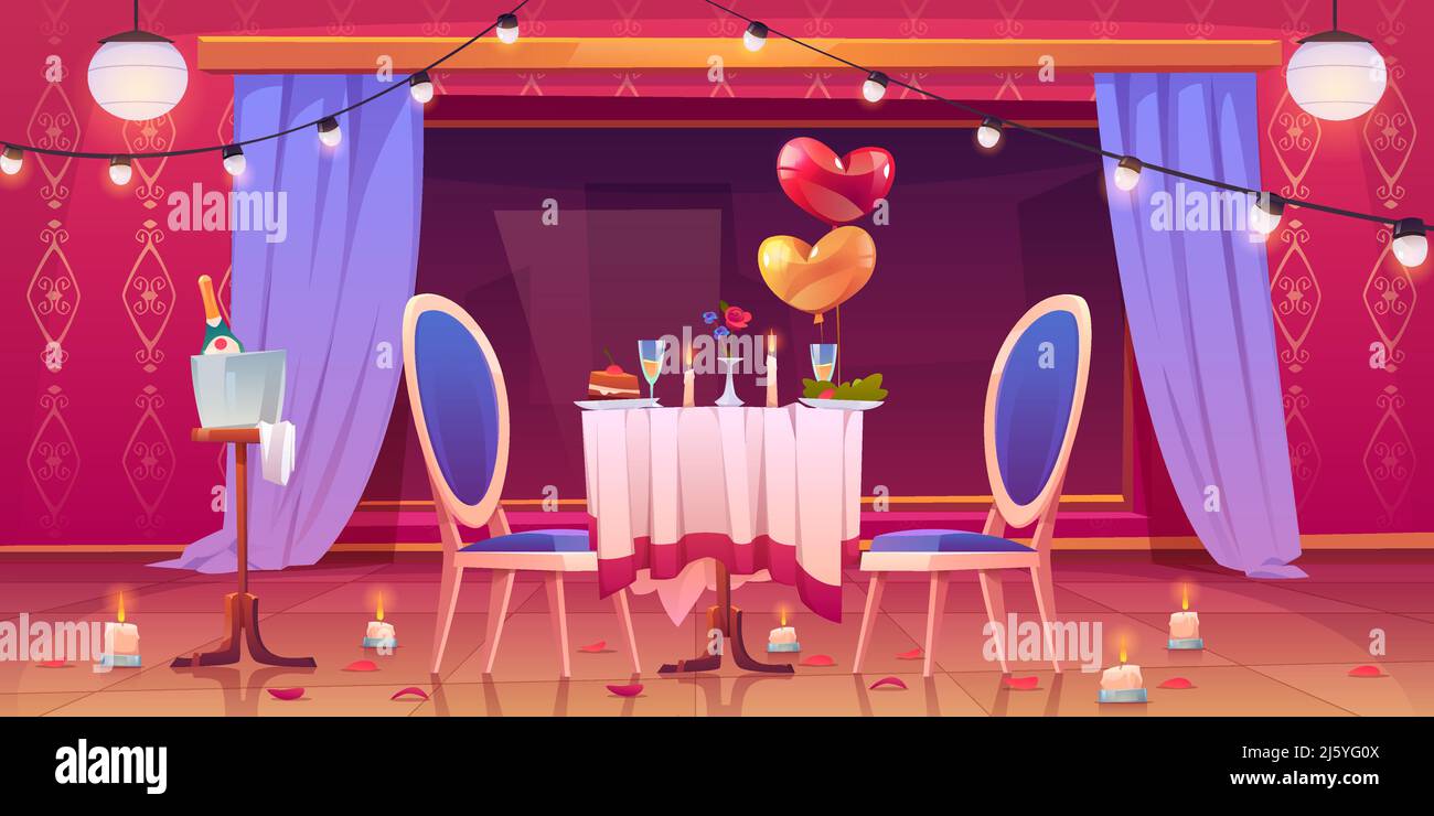 Table de restaurant servie pour une rencontre romantique avec nappe, champagne dans des verres, bougies allumées autour, ballons en forme de coeur et pétales de fleurs roses Illustration de Vecteur