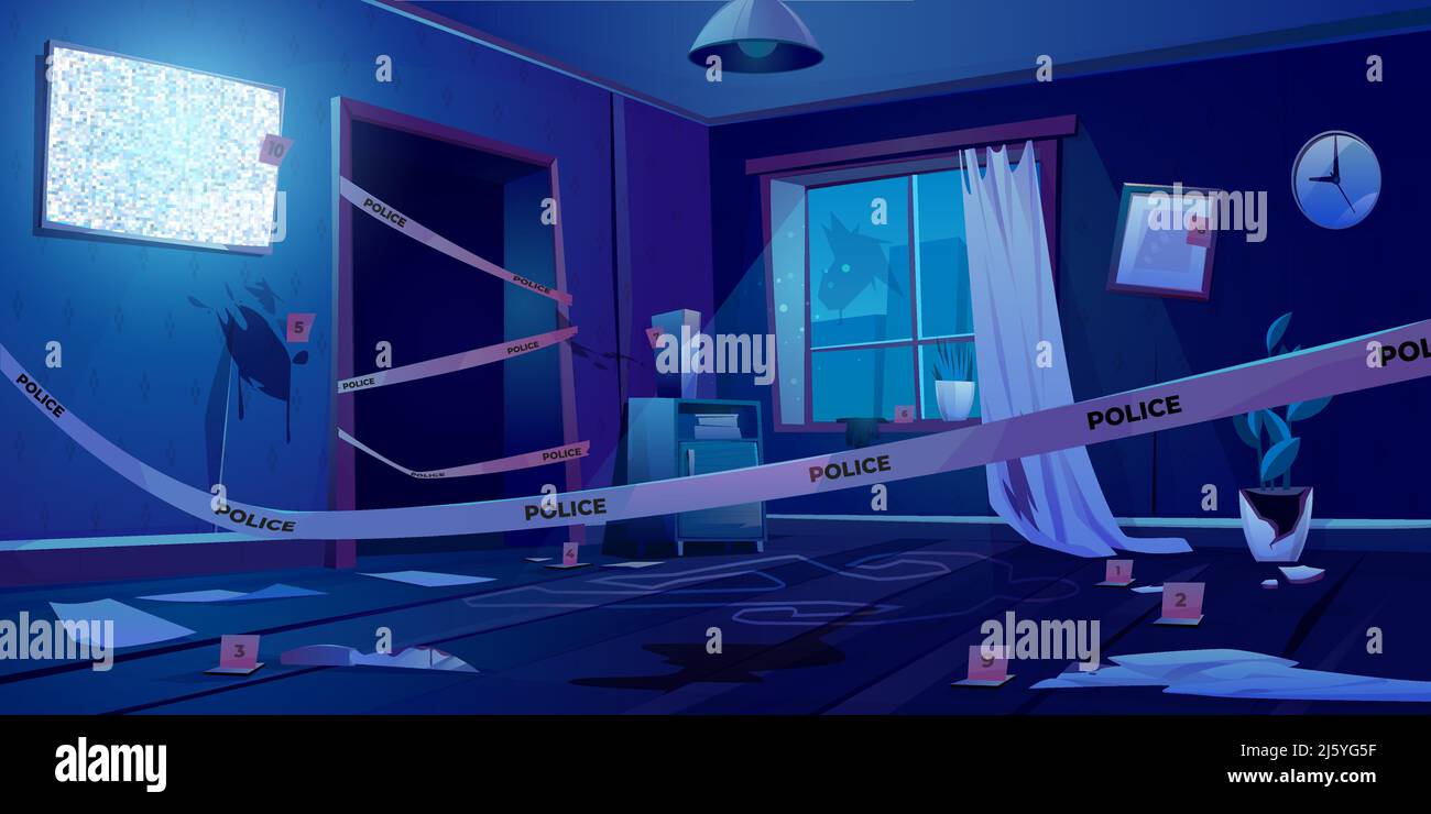 Scène de crime la nuit, lieu de meurtre dans la pièce sombre clôturée avec du ruban de police, ligne de craie silhouette de corps mort sur le sol, taches de sang de couteau de preuve, brok Illustration de Vecteur