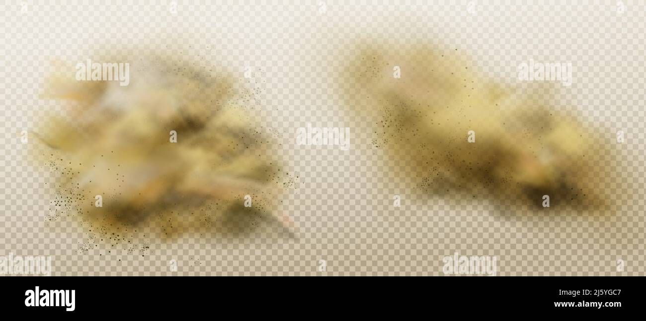 Ensemble de nuages de poussière. Fumée brune sale, épais smog avec sable mottes et particules de sol isolées sur fond transparent. Conception de vapeur de pollution de l'air Illustration de Vecteur