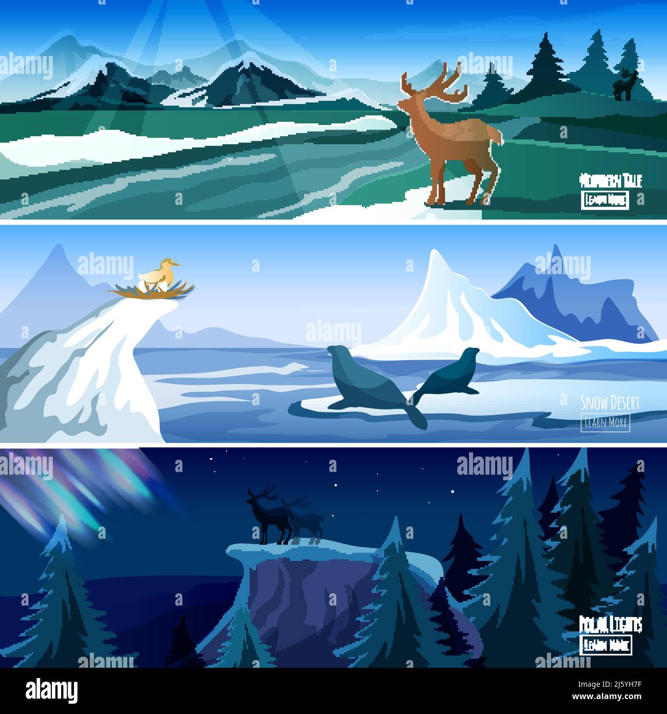 Paysage du Nord 3 bannières interactives plates avec lumières polaires et l'illustration vectorielle abstraite des pics des montagnes glacées Illustration de Vecteur