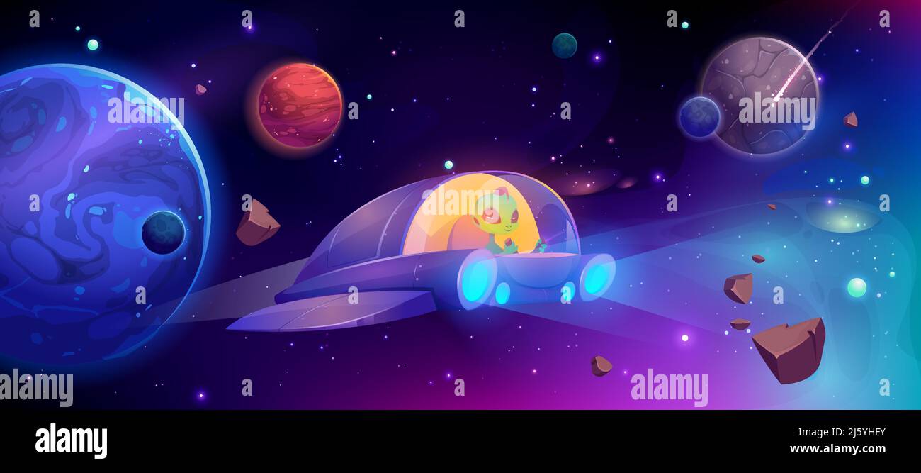 Étranger dans vaisseau spatial volant dans cosmos entre les planètes. Dessin animé vectoriel illustration futuriste de la fusée ovni dans l'espace, galaxie aux étoiles et extraterrestre Illustration de Vecteur