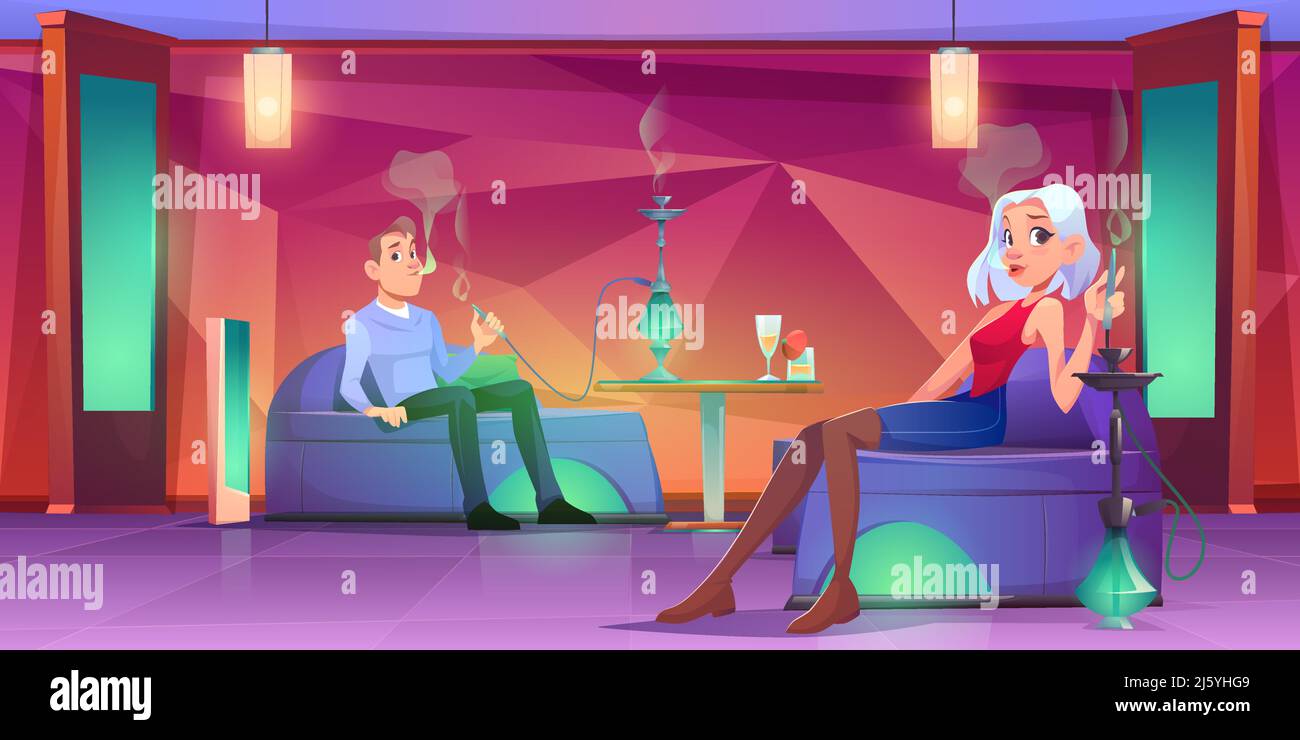 Les gens au bar shisha, l'homme et la femme fuyant le narguilé assis sur des canapés confortables, boissons. chilloms dans le salon de café dans le st arabe ou turc Illustration de Vecteur
