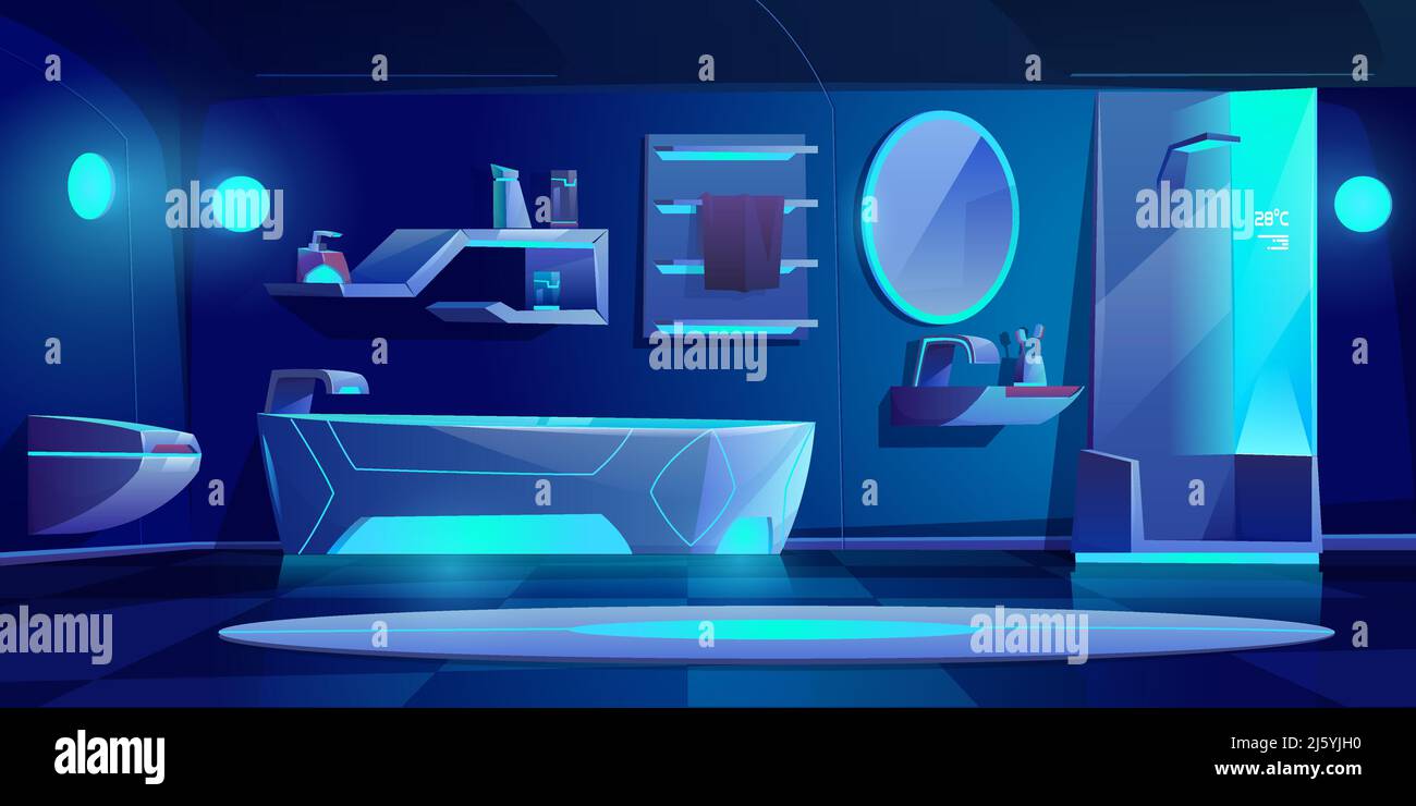Intérieur futuriste de salle de bains avec meubles et substance lumineux avec lumière de néon à l'obscurité, baignoire, cabine de douche, lavabo, cuvette de toilette, miroir, elle Illustration de Vecteur