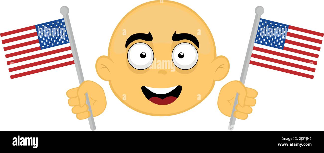 Illustration vectorielle du visage d'un personnage de dessin animé bald et jaune, avec une expression heureuse, tenant les drapeaux des États-Unis avec ses mains Illustration de Vecteur Illustration vectorielle du visage d'un personnage de dessin animé bald et jaune, avec une expression heureuse, tenant les drapeaux des États-Unis avec ses mains Illustration de Vecteur