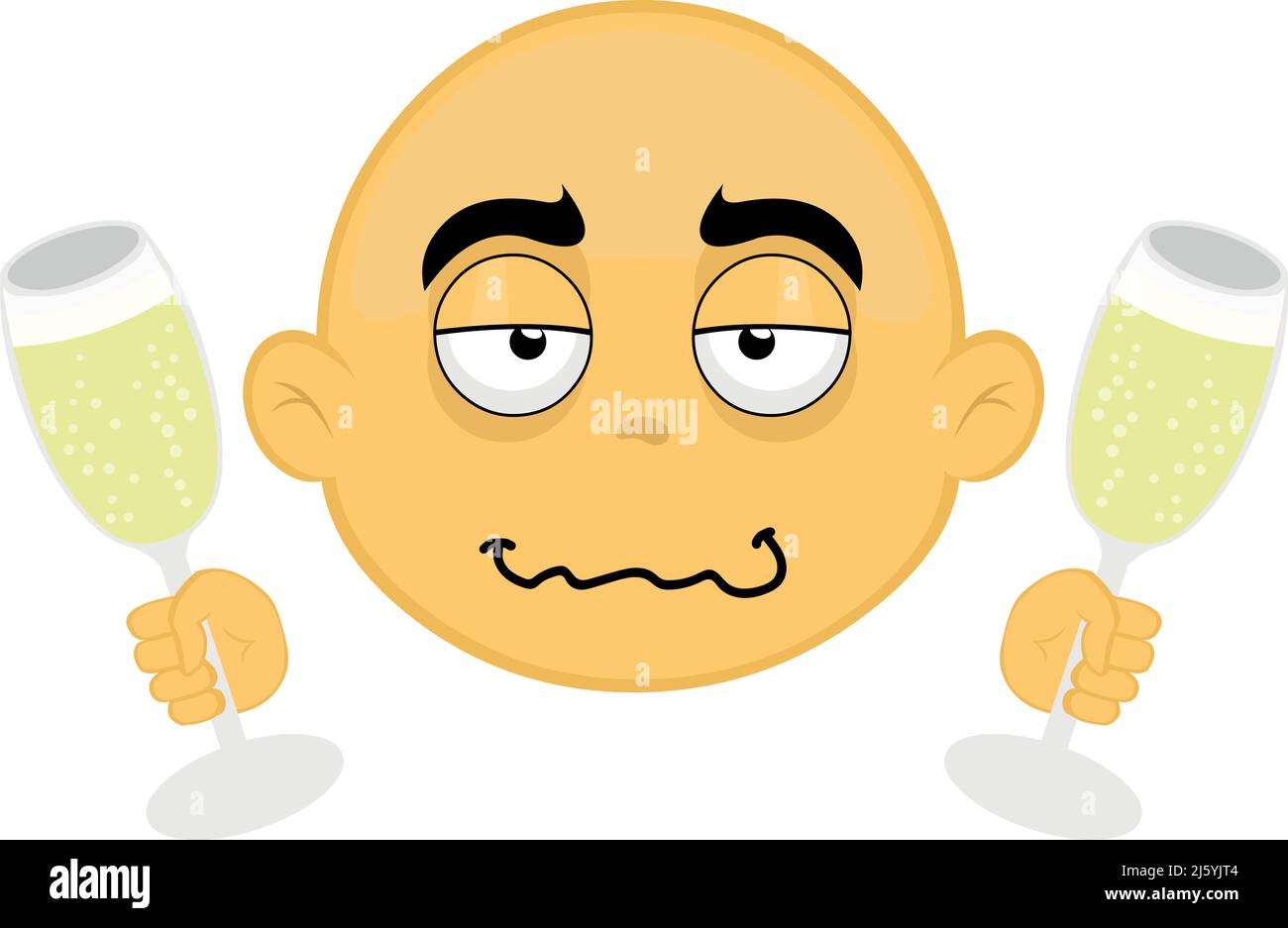 Illustration vectorielle du visage d'un personnage de dessin animé chauve, jaune, ivre et avec deux verres de champagne ou de cidre dans ses mains Illustration de Vecteur