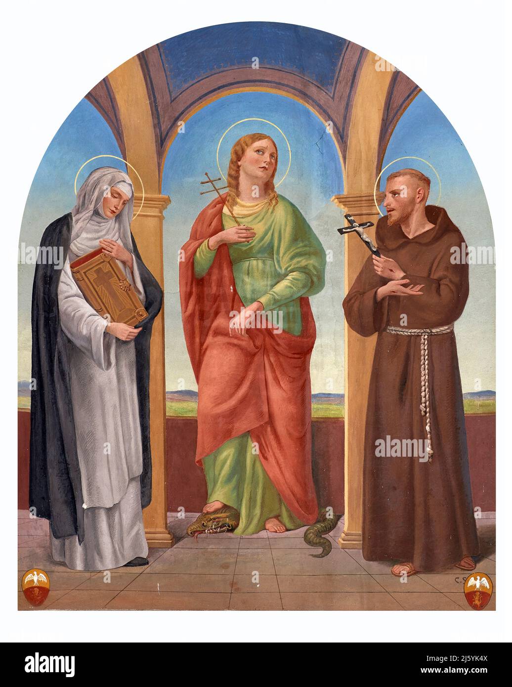 Santa Giustina,Santa Chiara e San Francesco d’Assisi - affresco - Cesare Secchi - 1935 - Valloria (Lodi) ,Italia,chiesa parrocchiale di San Fermo ma Banque D'Images