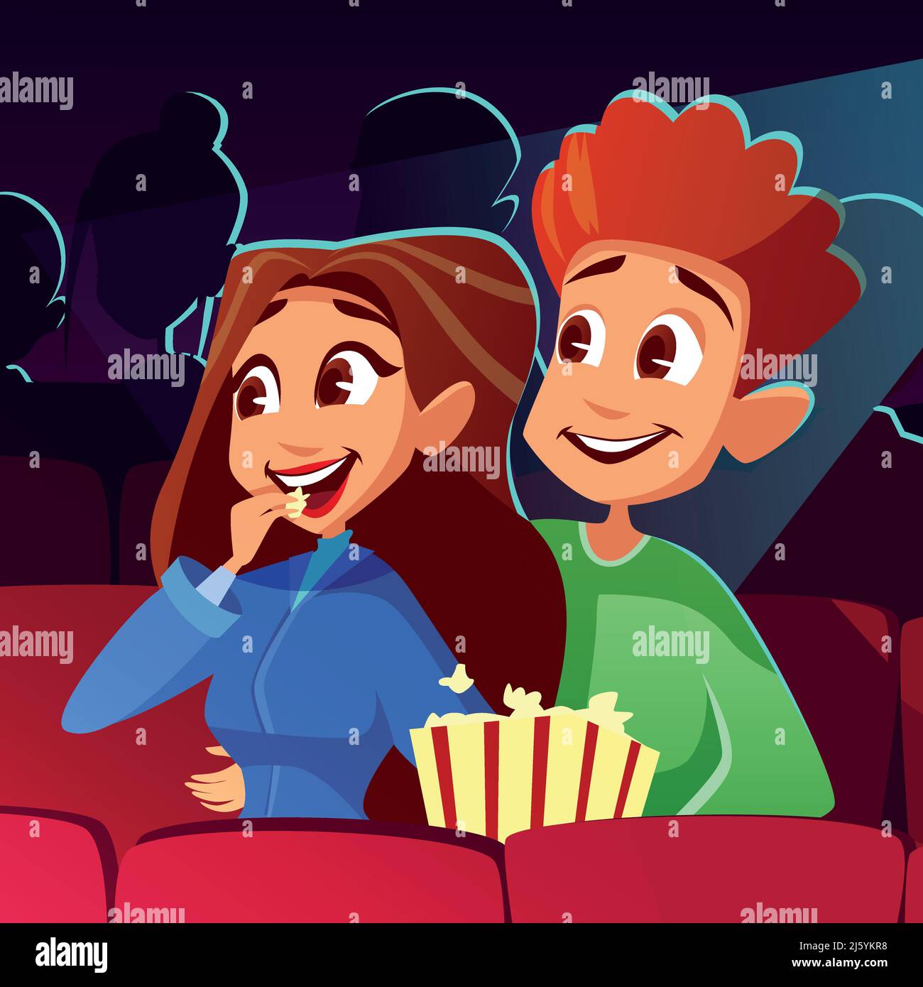 Couple en cinéma illustration vectorielle de jeunes garçons et filles regardant le film ensemble. Caricature adolescents ou homme et femme mangeant du pop-corn heureux ou excités smi Illustration de Vecteur
