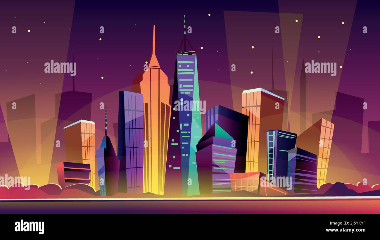 Illustration vectorielle New York CityScape. Cartoon New York sites de nuit, Freedom Tower sur One World Trade Center et célèbre bâtiment de la ville américaine Illustration de Vecteur