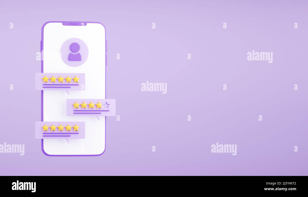 Illustration du rendu de l'avis du client 3D - téléphone mobile violet avec notation et commentaire sur la bulle de la parole. Banque D'Images Illustration du rendu de l'avis du client 3D - téléphone mobile violet avec notation et commentaire sur la bulle de la parole. Banque D'Images