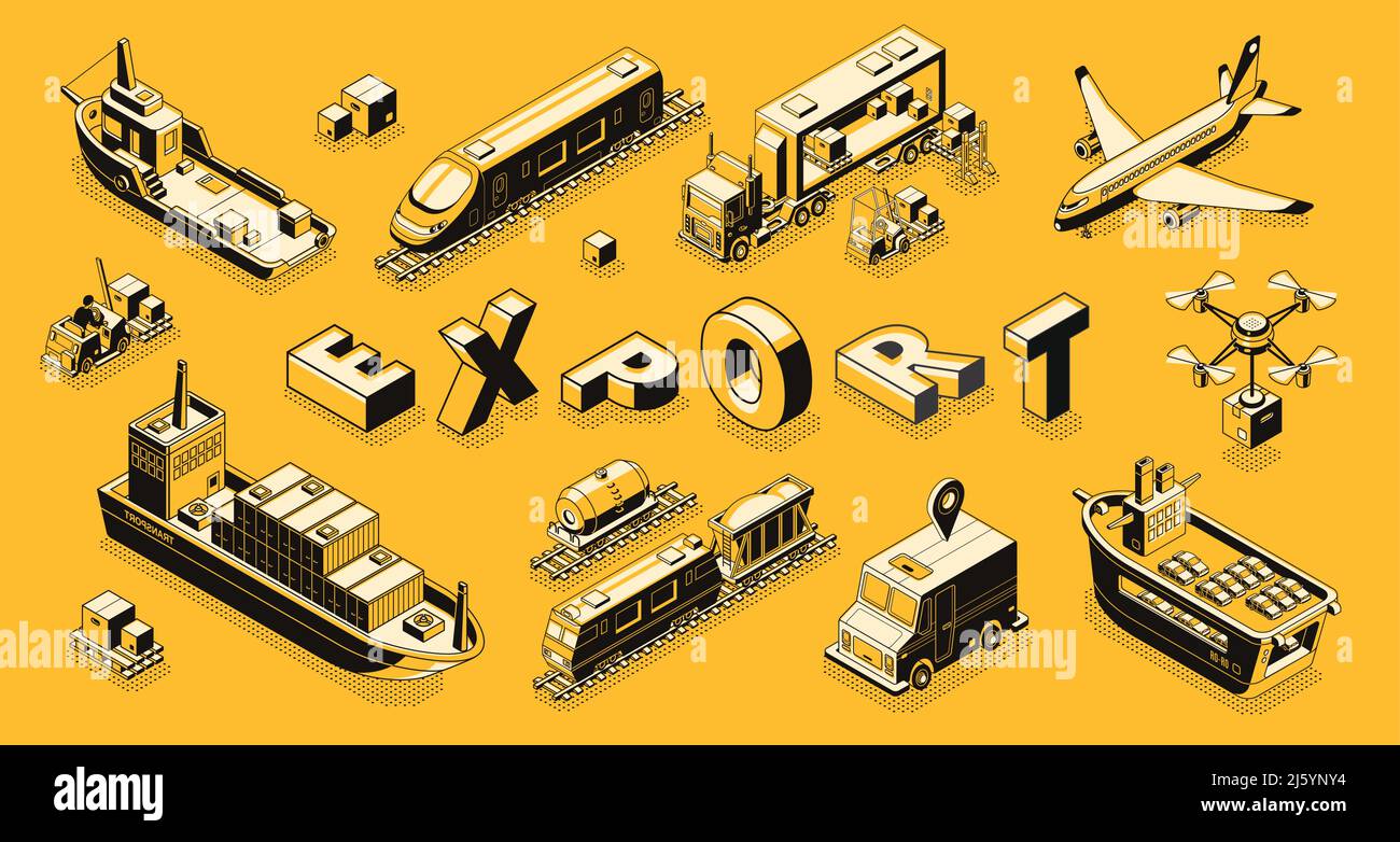 Exportation de marchandises commerciales concept vectoriel isométrique avec illustrations de ligne de transport aérien, routier, maritime de fret. Livraison du commerce international ou SH Illustration de Vecteur
