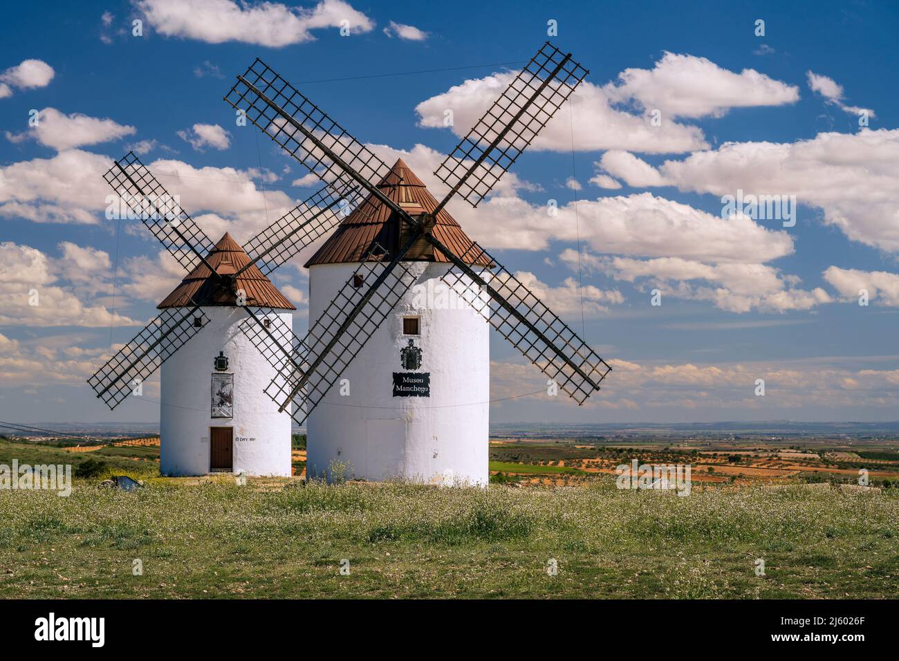 Moulins à vent typiques, Mota del Cuervo, Castilla-la Mancha, Espagne Banque D'Images