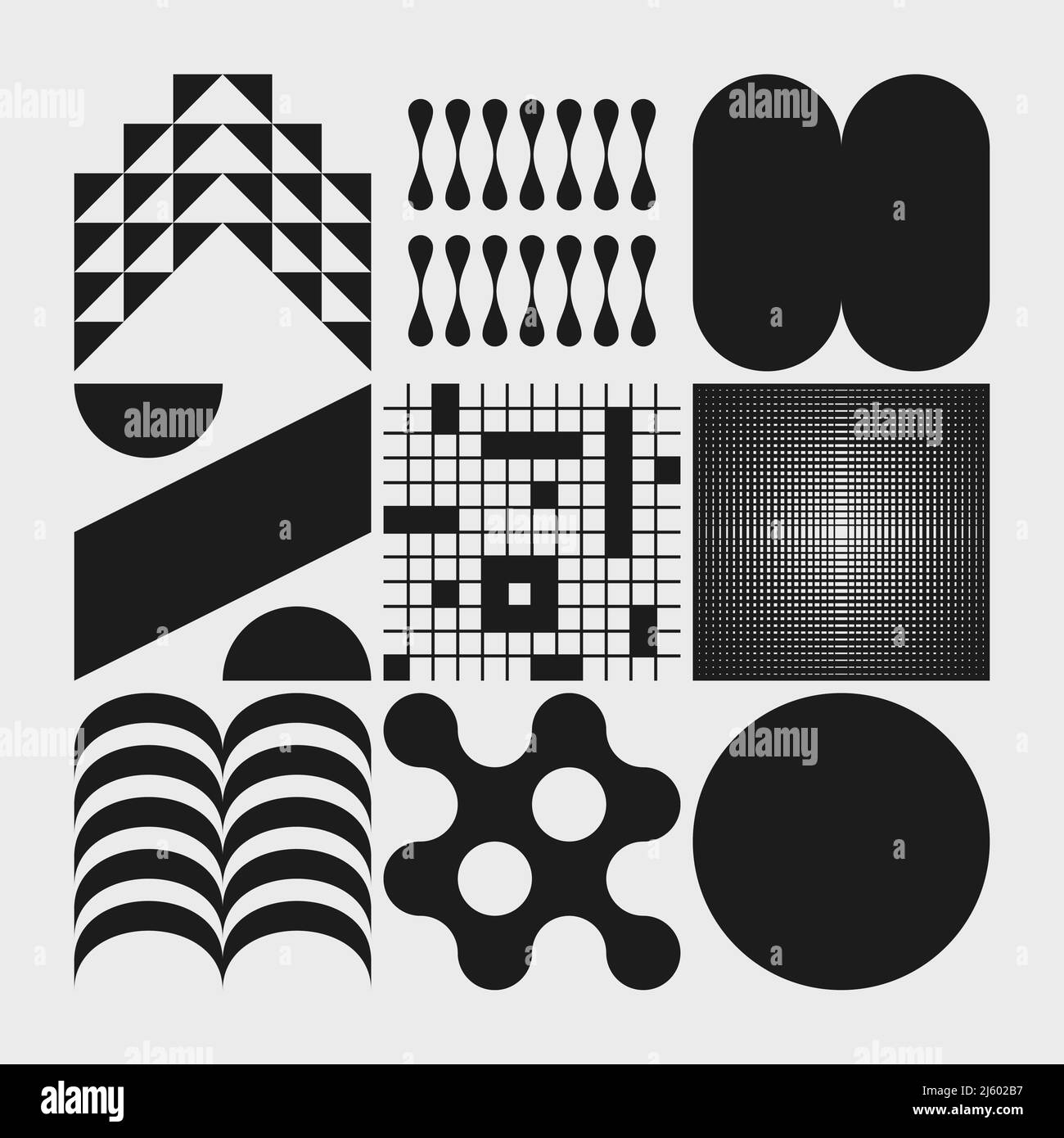 Collection de symboles vectoriels abstraits avec effet aléatoire inspiré par l'esthétique brutaliste faite avec des formes géométriques et des éléments graphiques pour affiches, co Illustration de Vecteur