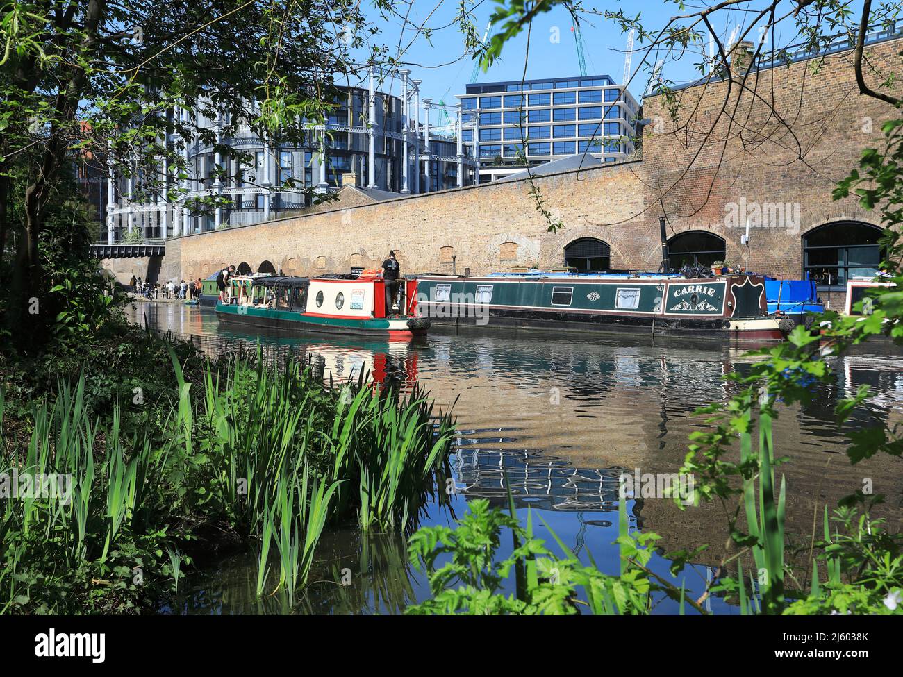 Vue sur le canal Regents au soleil de printemps depuis le parc naturel de Camley, près de Kings Cross, nord de Londres, Royaume-Uni Banque D'Images