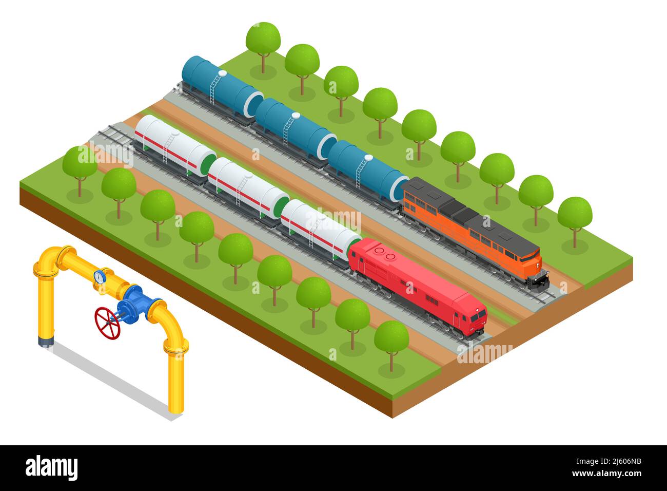 Wagon-citerne de transport isométrique GNL par rail et gaz. Industrie du gaz de pétrole. Wagons-citernes de transport avec de l'huile. Illustration de Vecteur