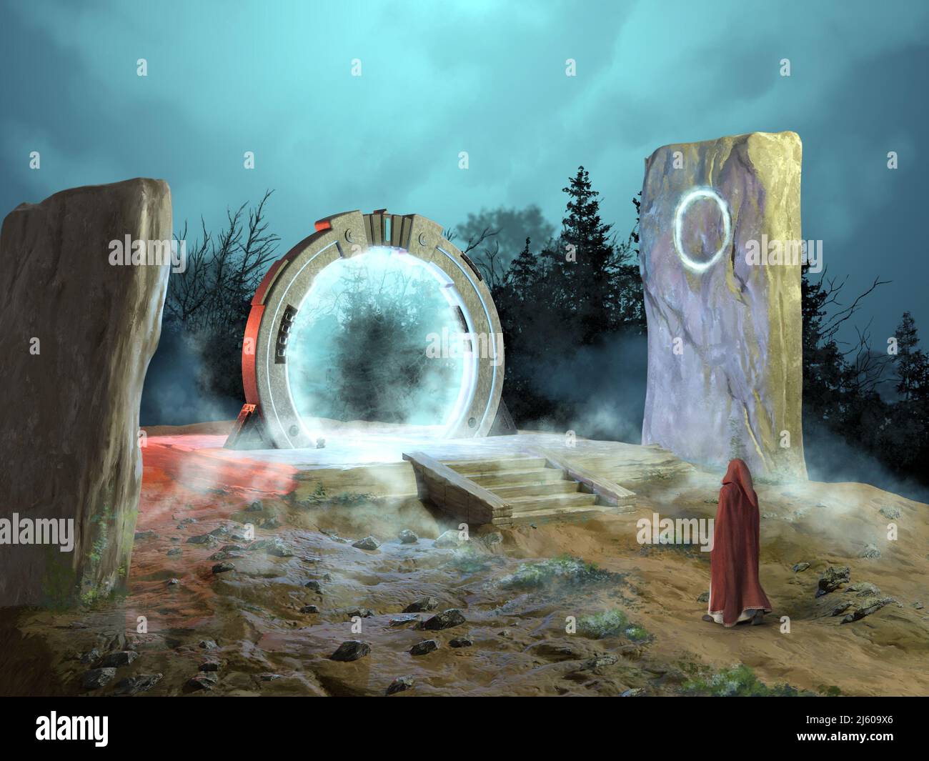 Une mystérieuse figurine qui porte un peignoir approche d'une porte magique et lumineuse. Illustration numérique. Banque D'Images