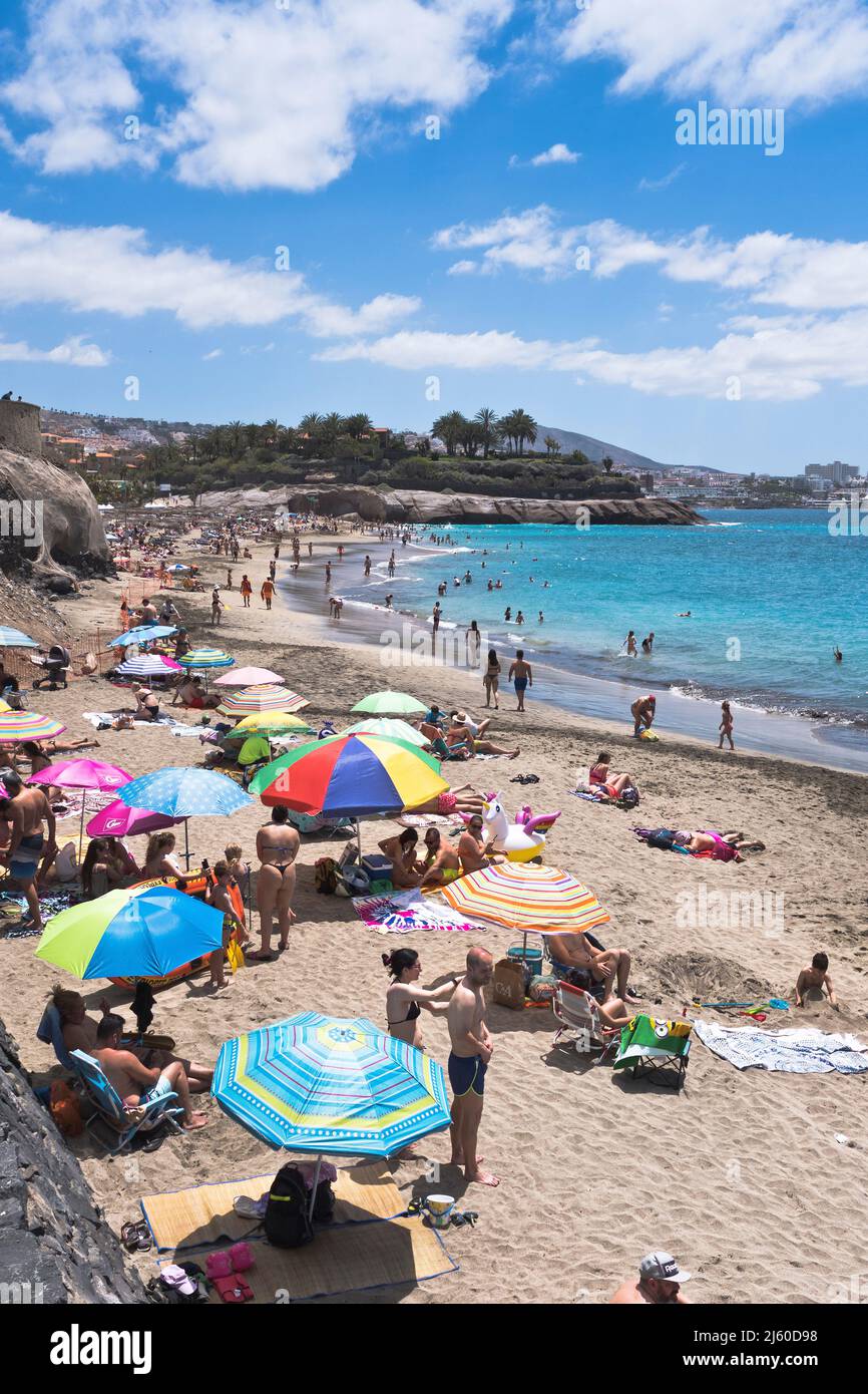 dh Playa del Duque COSTA ADEJE TENERIFE vacances touristiques plage personnes plages de la côte sud vacanciers Banque D'Images