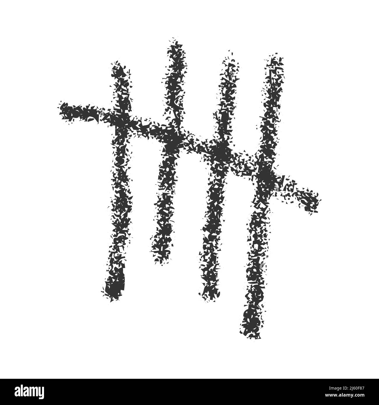 Marque tally carcoal dessinée à la main. Quatre bâtons barrés. Symbole de comptage de jour sur le mur de la prison. Signe système de numéro unaire isolé sur fond blanc. Illustration vectorielle Realustic Illustration de Vecteur