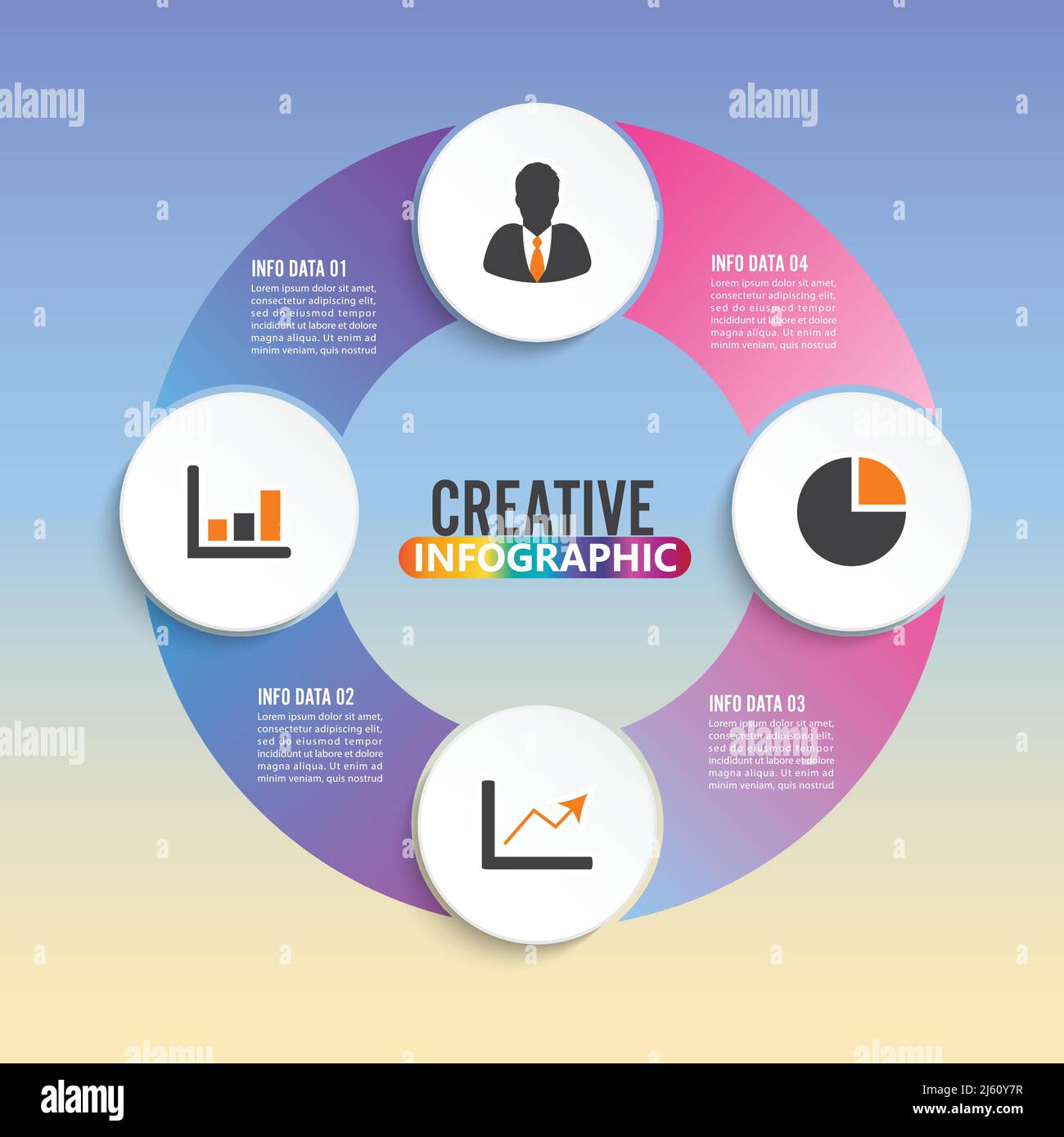 Modèle de cercle d'infographie vectoriel avec 4 étapes, pièces, options, secteurs, étapes. Peut être utilisé pour le graphique, le graphique à secteurs, la présentation du flux de travail, le diagramme de cycle, Illustration de Vecteur