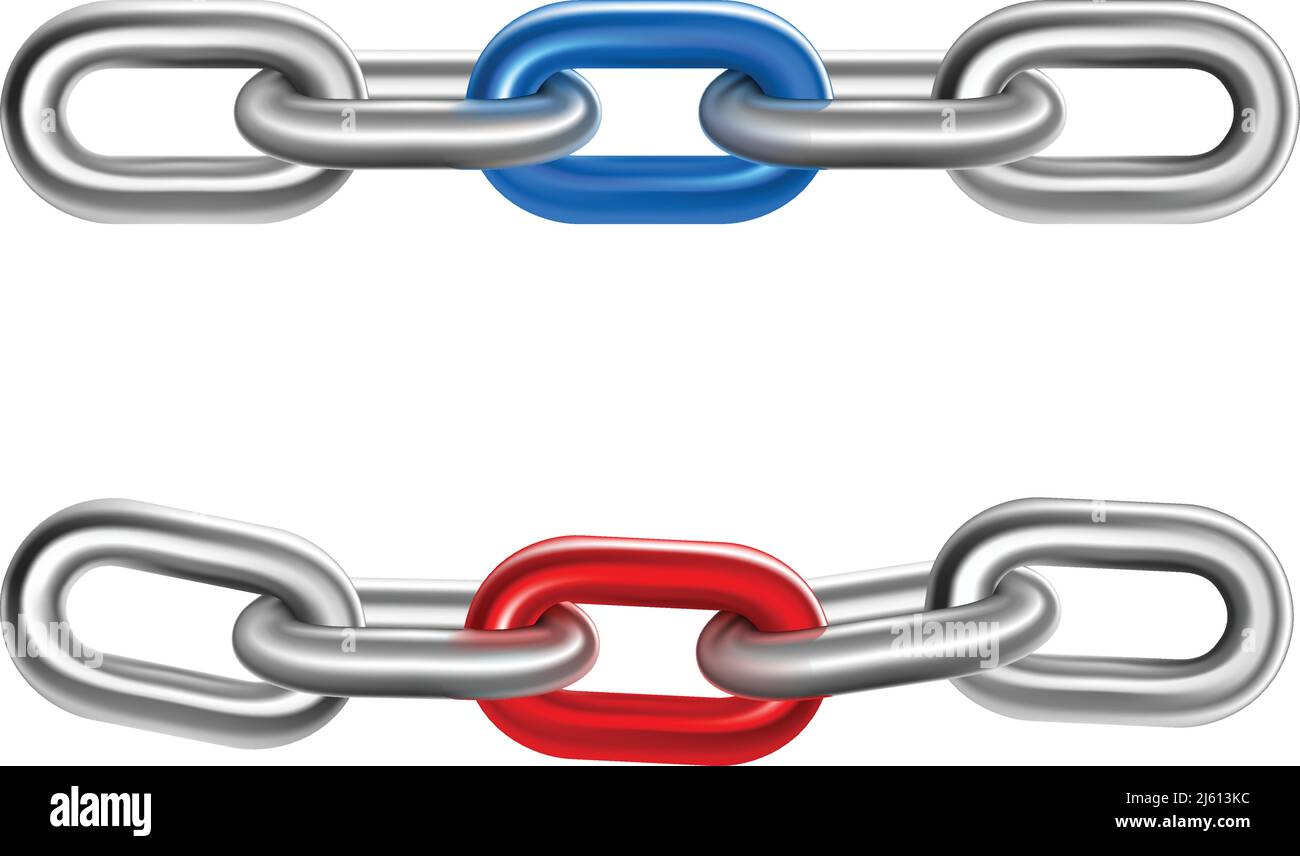 Deux morceaux réalistes de chaîne en acier avec rouge et bleu liens dans l'illustration du vecteur isolé du milieu Illustration de Vecteur