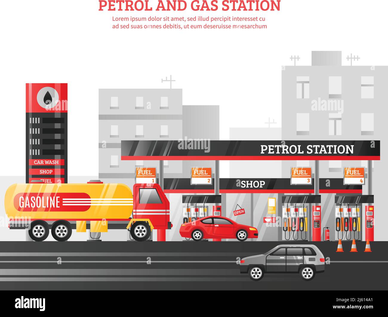 Station essence et essence vecteur plat Illustration avec lavage de voiture faites des achats en alimentant des éléments publicitaires à l'arrière-plan des bâtiments de la ville Illustration de Vecteur