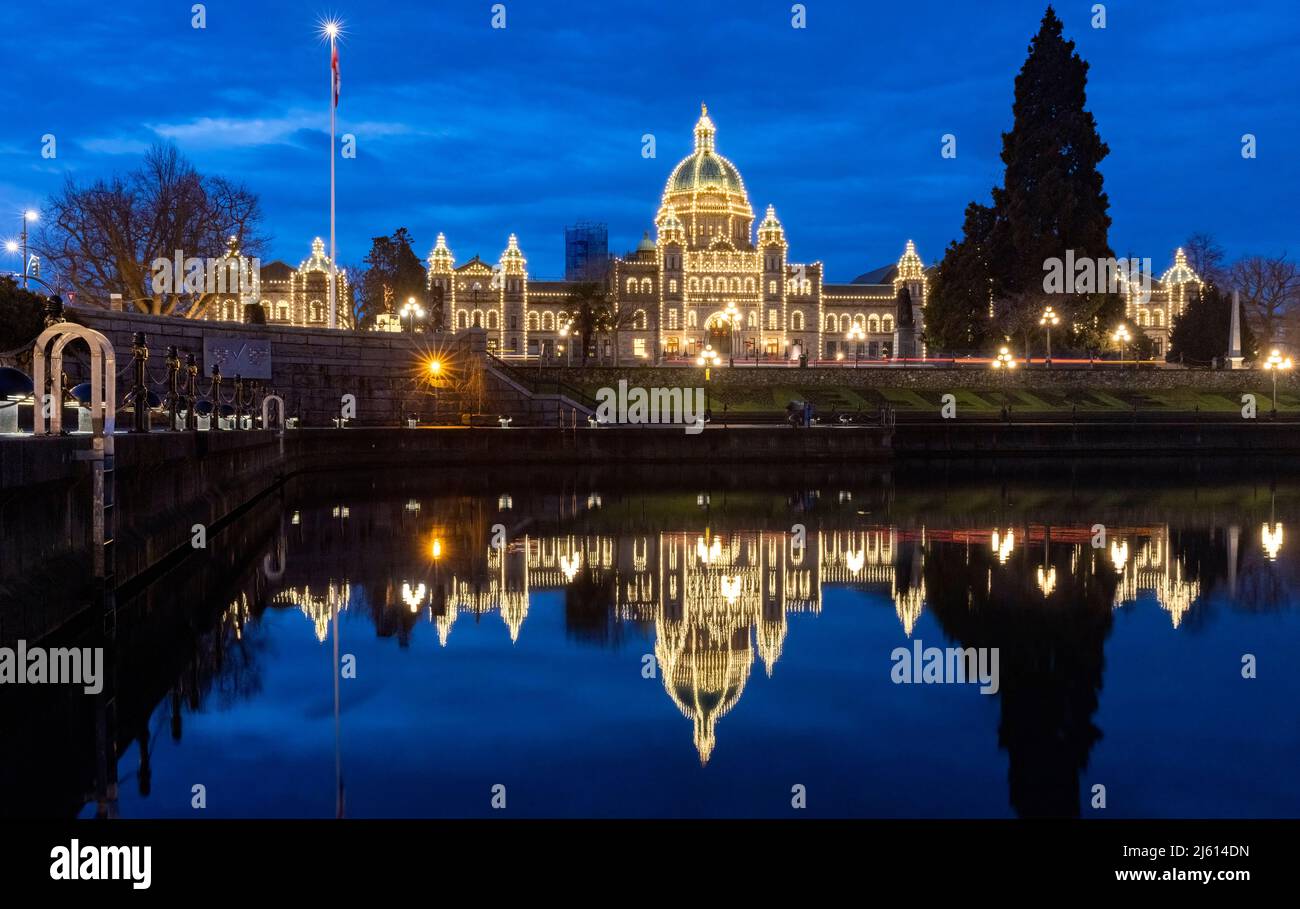Colombie-Britannique édifices du Parlement de nuit à Victoria, Île de Vancouver, Colombie-Britannique, Canada Banque D'Images