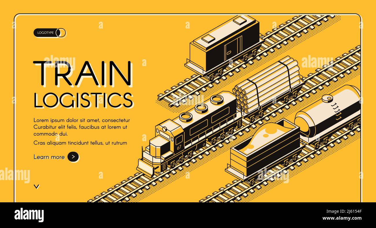 Chemin de fer entreprise de transport industriel Isométrique vecteur web bannière, page d'arrivée. Plate-forme de transport de locomotive avec grumes ou tuyaux en bois, bâillon de fret Illustration de Vecteur