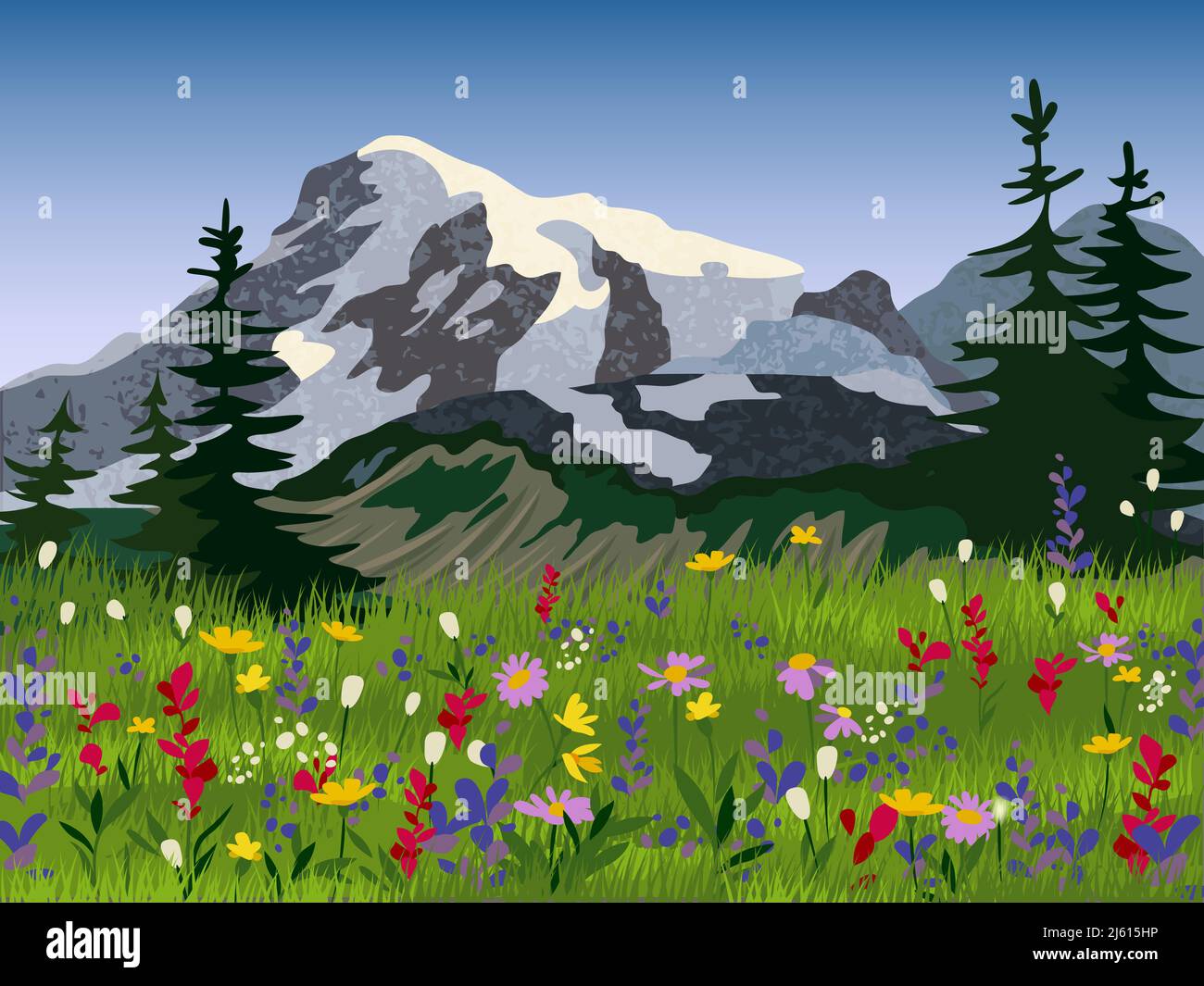 Papier peint paysage saisonnier de qualité prairie d'été avec chaîne de montagne glacée l'arrière-plan peaks imprime une illustration vectorielle abstraite pittoresque Illustration de Vecteur