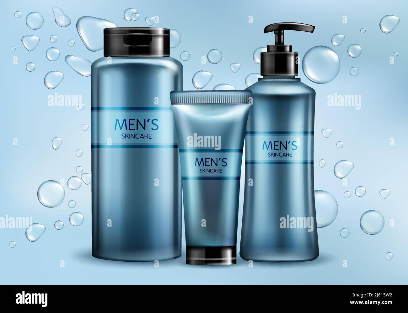 Gamme de cosmétiques de soin de la peau pour hommes 3d réaliste vecteur publicité maquette. Shampooing ou gel douche, savon liquide, lotion de rasage ou crème plastique tube bleu et Illustration de Vecteur