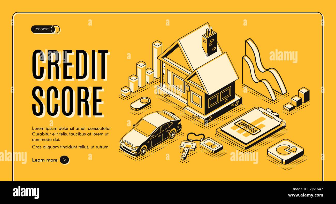 Banque de crédit à la consommation vecteur isométrique promo bannière Web avec maison de chalet, voiture, approuvé demande de prêt document de ligne d'art illustration. Cre personnel Illustration de Vecteur
