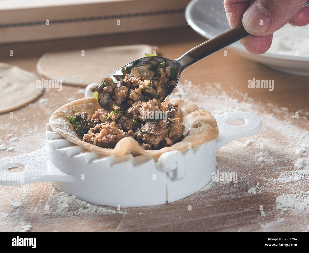L'image montre comment ajouter de la viande hachée au fromage aux raviolis italiens faits maison Banque D'Images L'image montre comment ajouter de la viande hachée au fromage aux raviolis italiens faits maison Banque D'Images