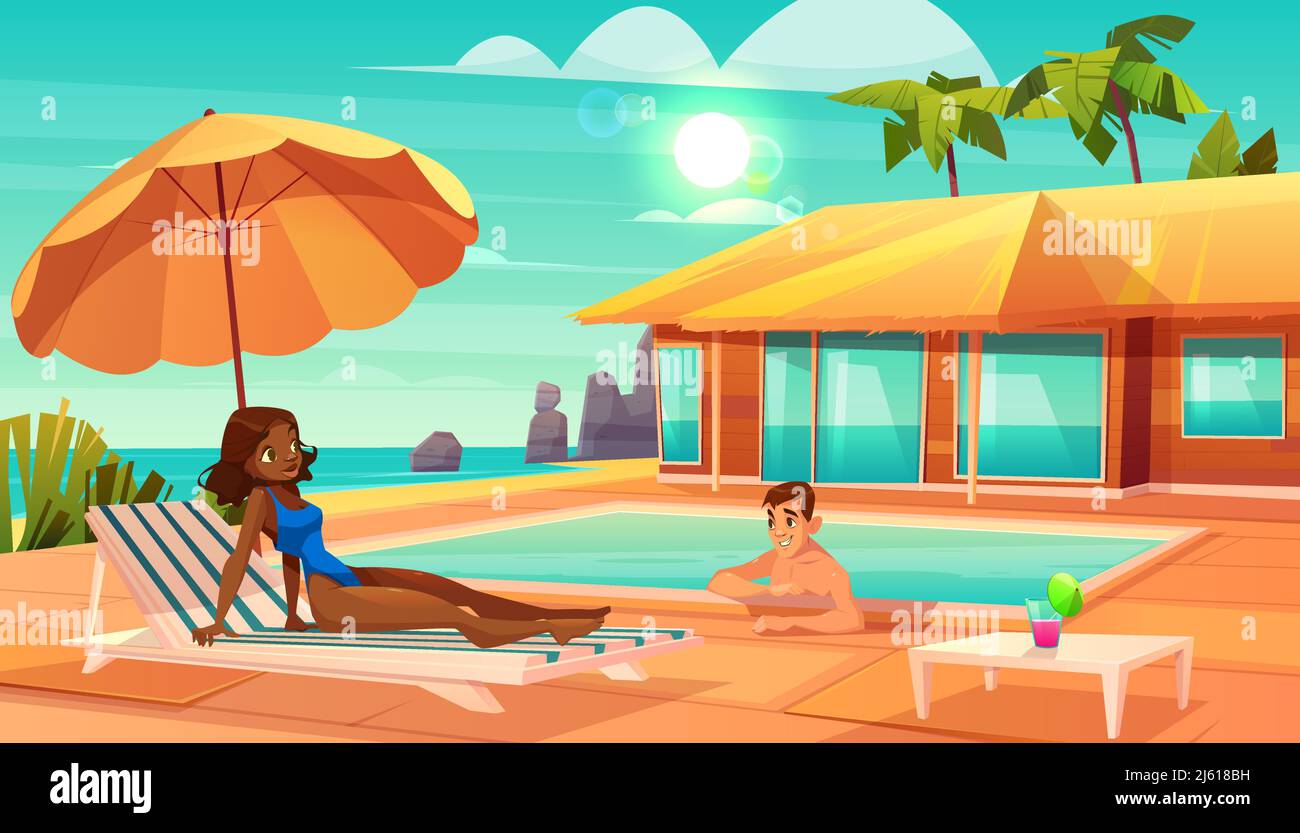 Loisirs sur le vecteur de dessin animé de station tropicale. Homme caucasien nageant dans la piscine, flirtant avec une femme afro-américaine allongé sur une chaise longue sous le parapluie o Illustration de Vecteur