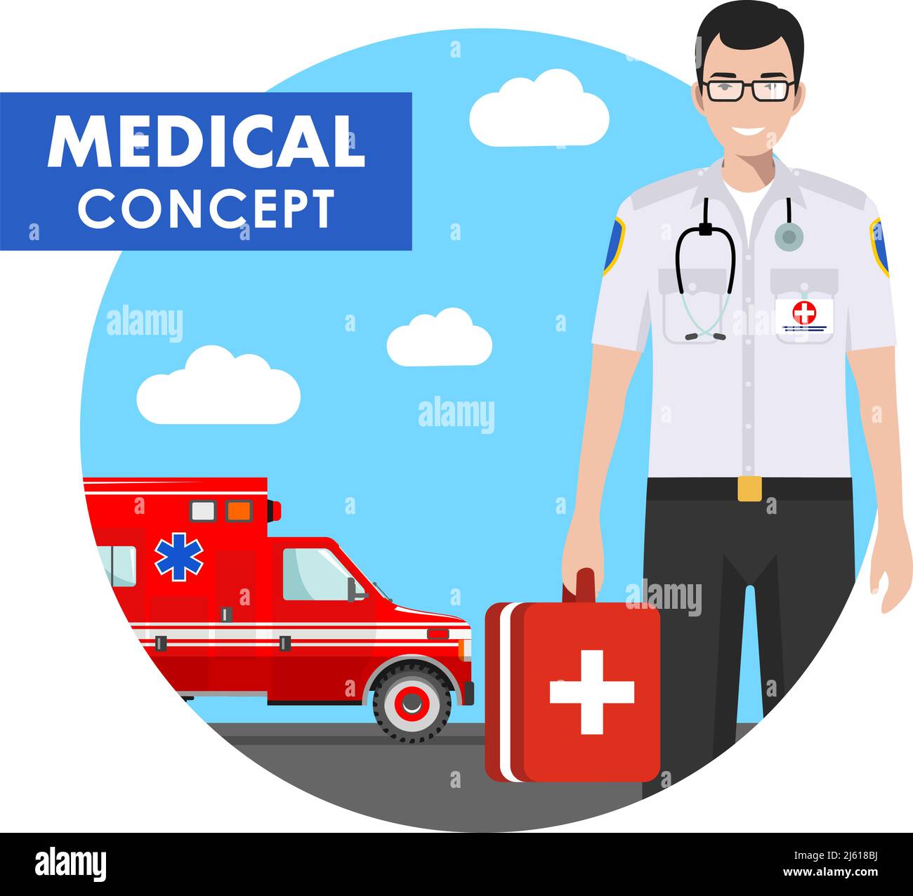 Concept médical. Illustration détaillée de personnes médicales en uniforme sur fond avec voiture d'ambulance dans le style plat. Illustration vectorielle. Illustration de Vecteur