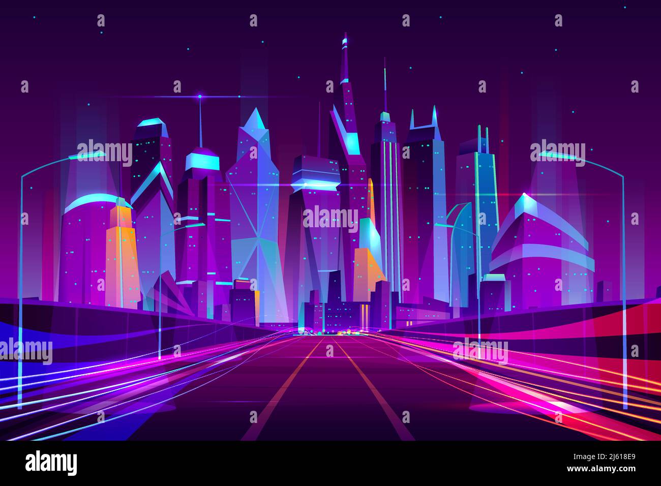 Autoroute moderne de la ville dans les lampes de rue lumière néon illustration vectorielle de dessin animé, autoroute à trois voies à grande vitesse près des gratte-ciels de la métropole. Bac urbain de nuit Illustration de Vecteur