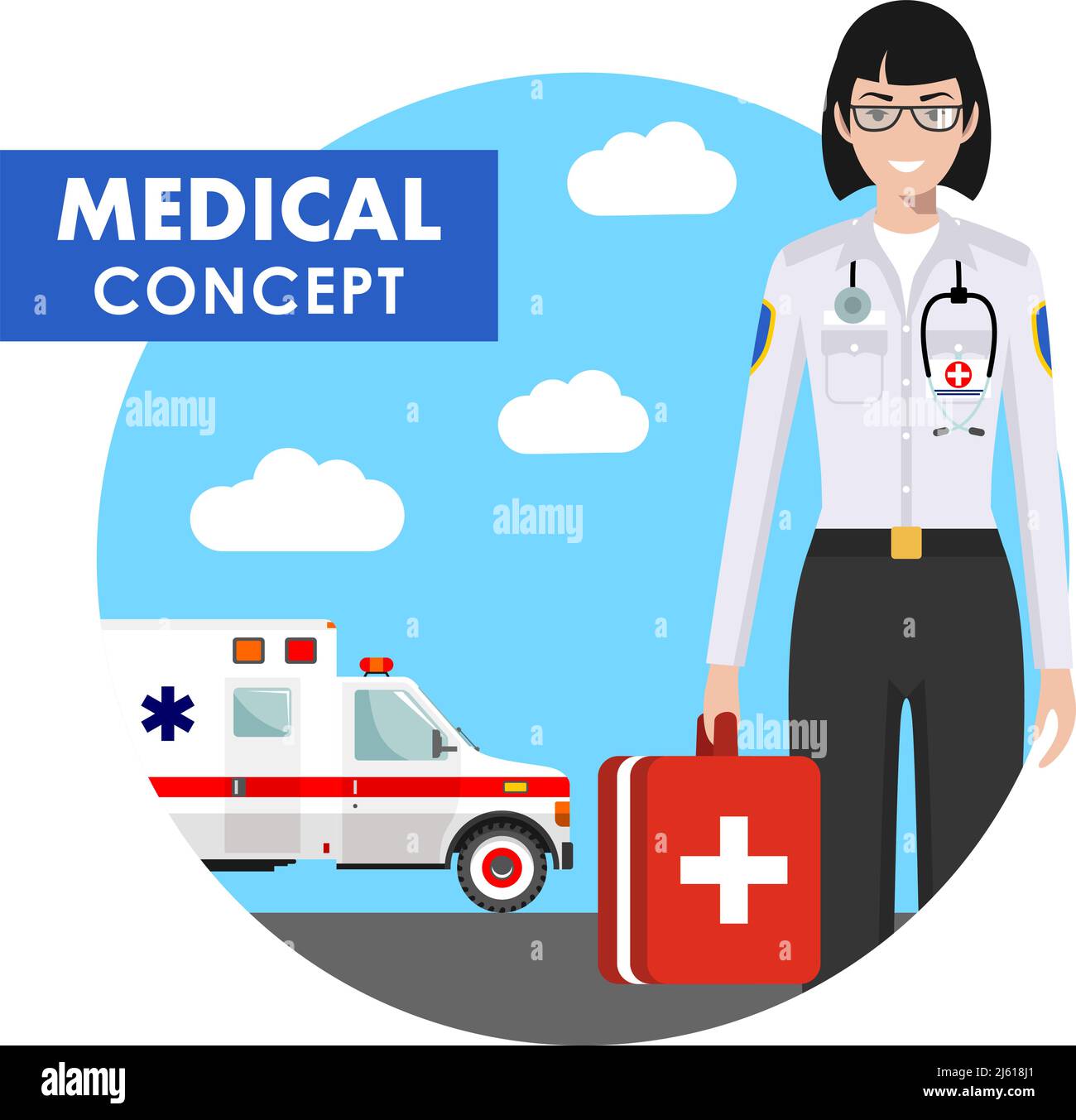 Concept médical. Illustration détaillée de personnes médicales en uniforme sur fond avec centre médical et voiture d'ambulance dans le style plat. Illustrateur vectoriel Illustration de Vecteur