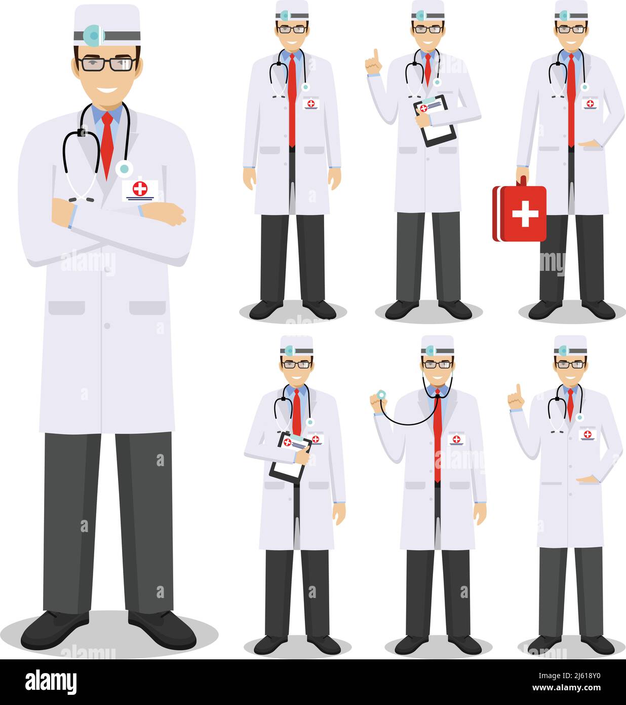 Illustration détaillée de personnes médicales américaines d'europe debout dans différentes positions de style plat sur fond blanc. Illustration de Vecteur