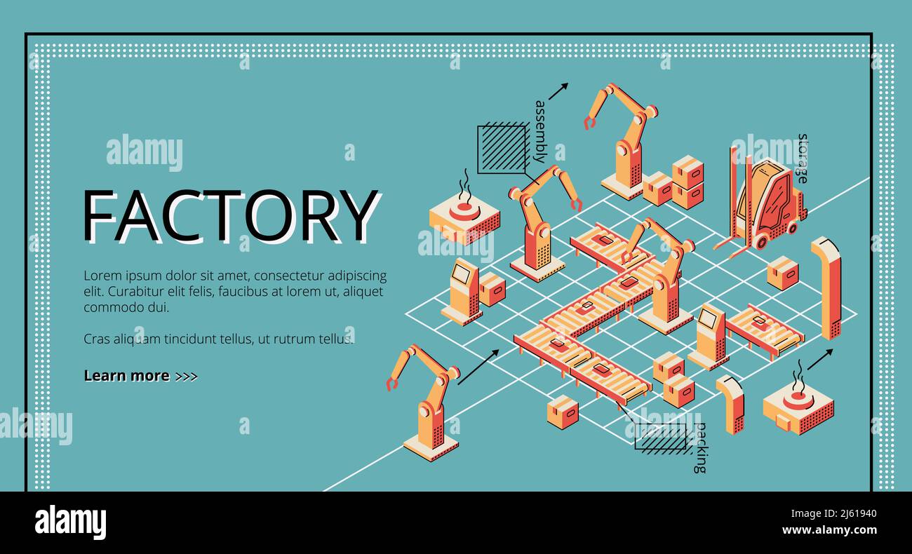 Page d'accueil du tapis convoyeur d'usine. Les bras robotisés emballant le produit sur la ligne de tapis du transporteur. Automatisation, révolution industrielle intelligente, assistants de robot Illustration de Vecteur